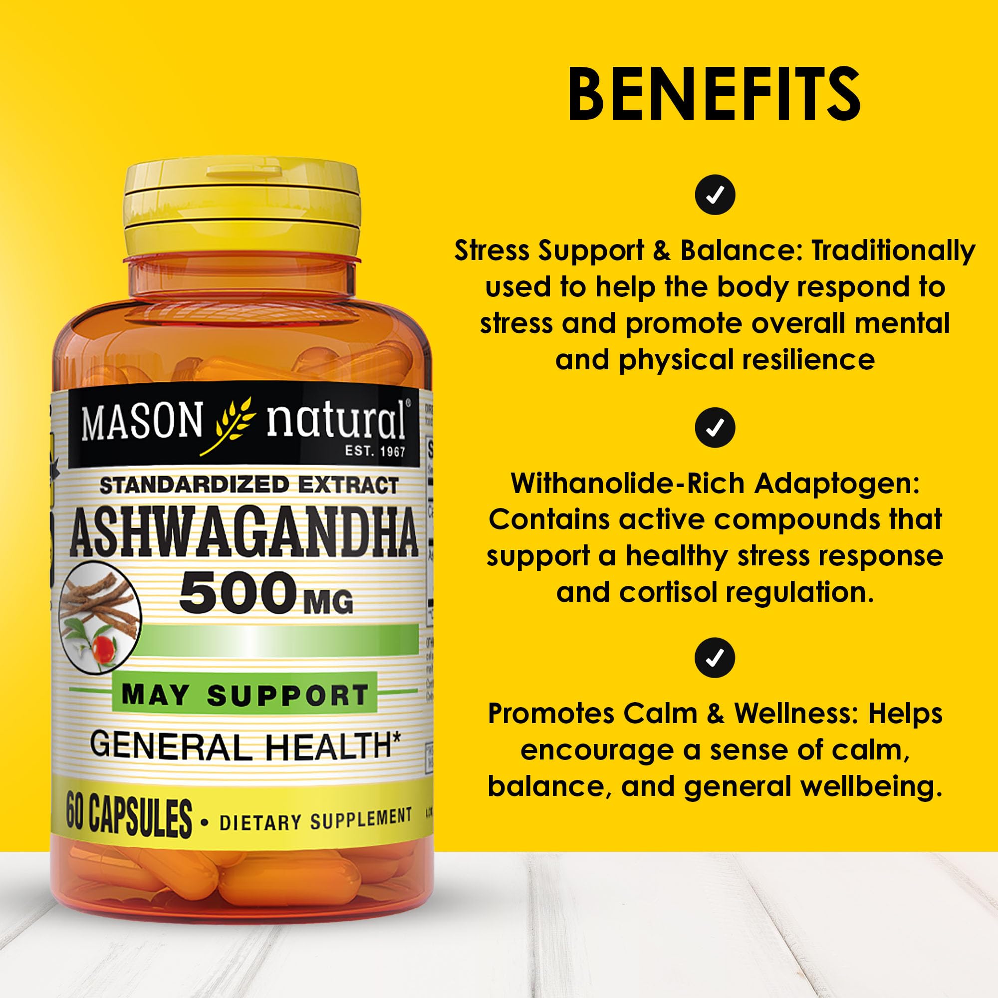 Foto 3 pulgar | Suplemento Mason Natural Ashwagandha 500 Mg 60 Cápsulas - Venta Internacional.