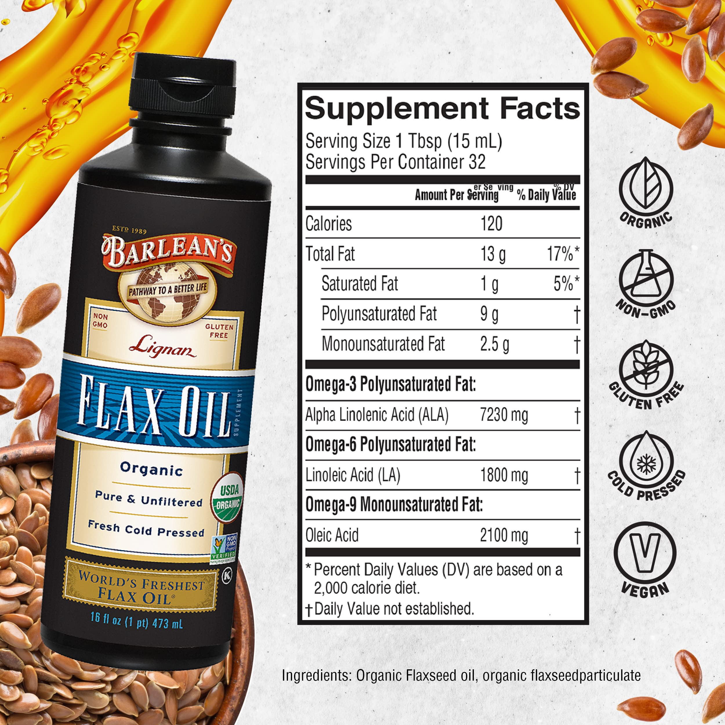 Foto 7 pulgar | Suplemento De Aceite De Linaza Orgánico De Lignan De Barlean, 500 Ml - Venta Internacional.