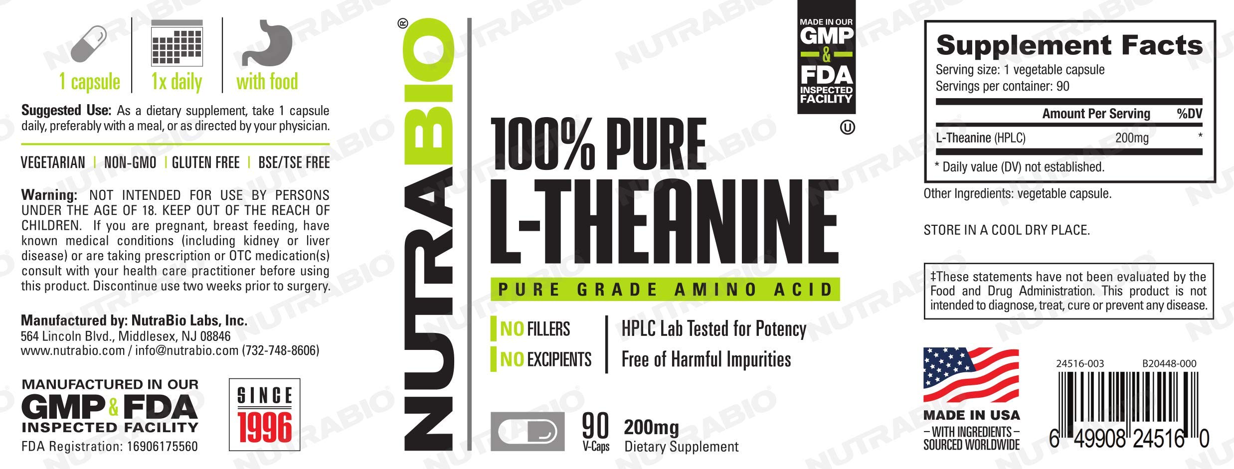 Foto 4 pulgar | Suplemento Nutrabio L-teanina 200 Mg 90 Cápsulas - Venta Internacional.