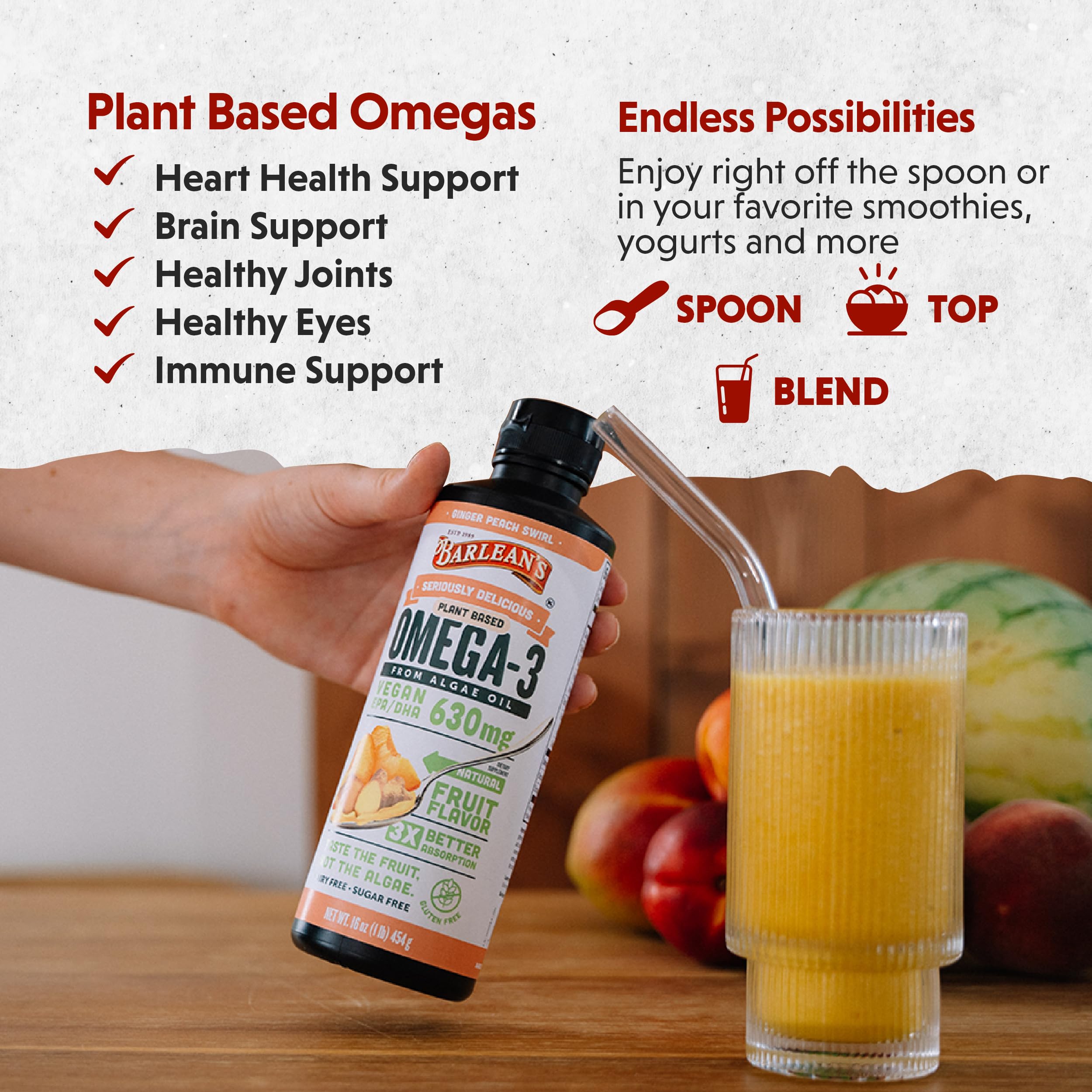 Foto 4 pulgar | Suplemento Barlean's Ginger Peach Vegan Omega 3 630 Mg 480 Ml - Venta Internacional.