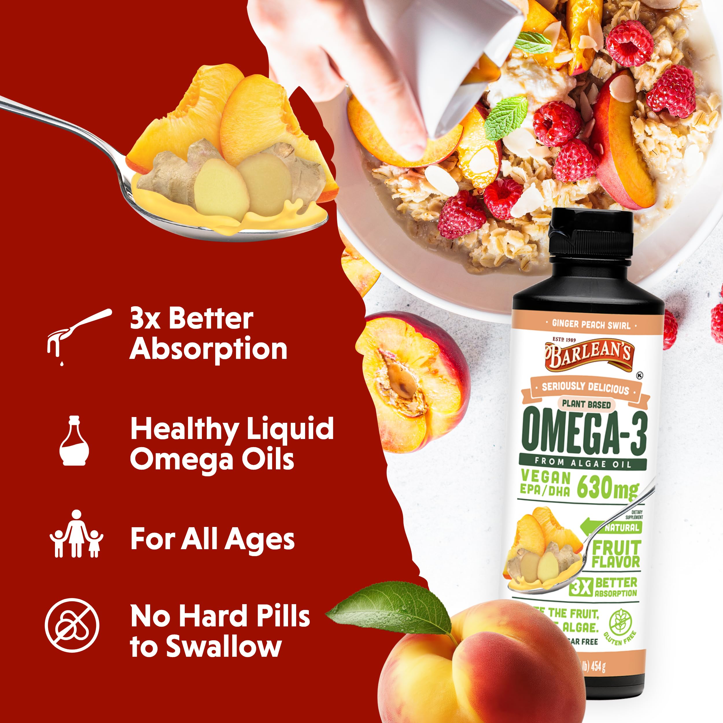 Foto 5 pulgar | Suplemento Barlean's Ginger Peach Vegan Omega 3 630 Mg 480 Ml - Venta Internacional.