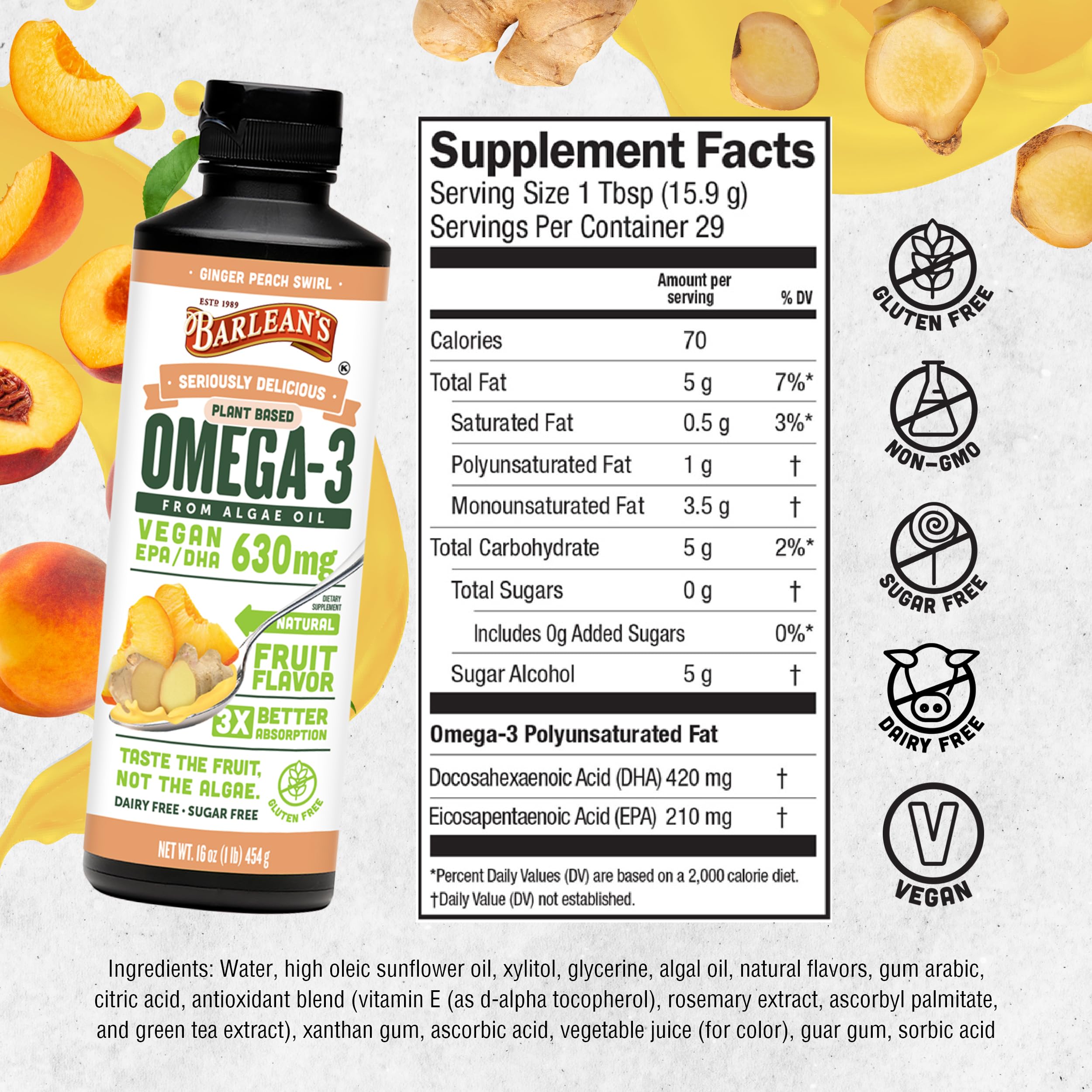 Foto 7 pulgar | Suplemento Barlean's Ginger Peach Vegan Omega 3 630 Mg 480 Ml - Venta Internacional.