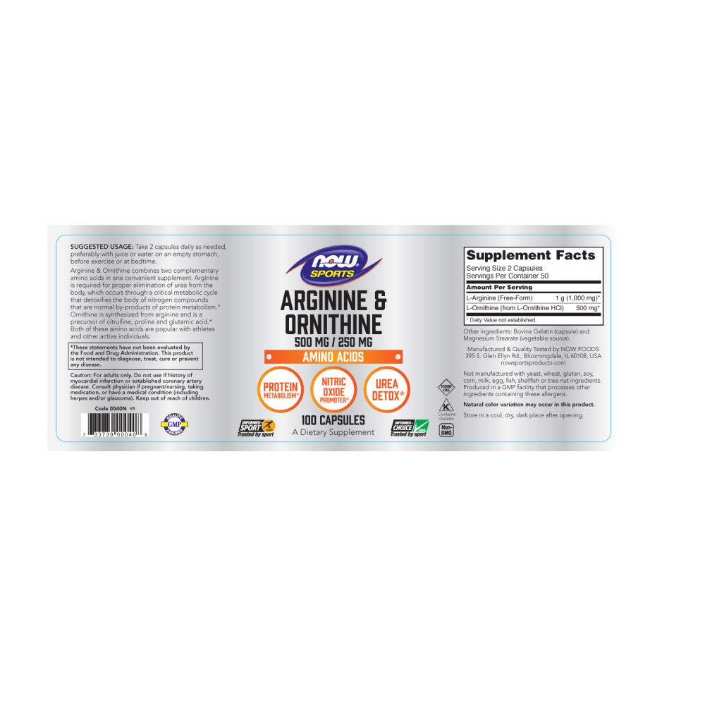 Foto 2 | Supplement Now Foods, Arginina Y Ornitina, 100 Cápsulas - Venta Internacional.