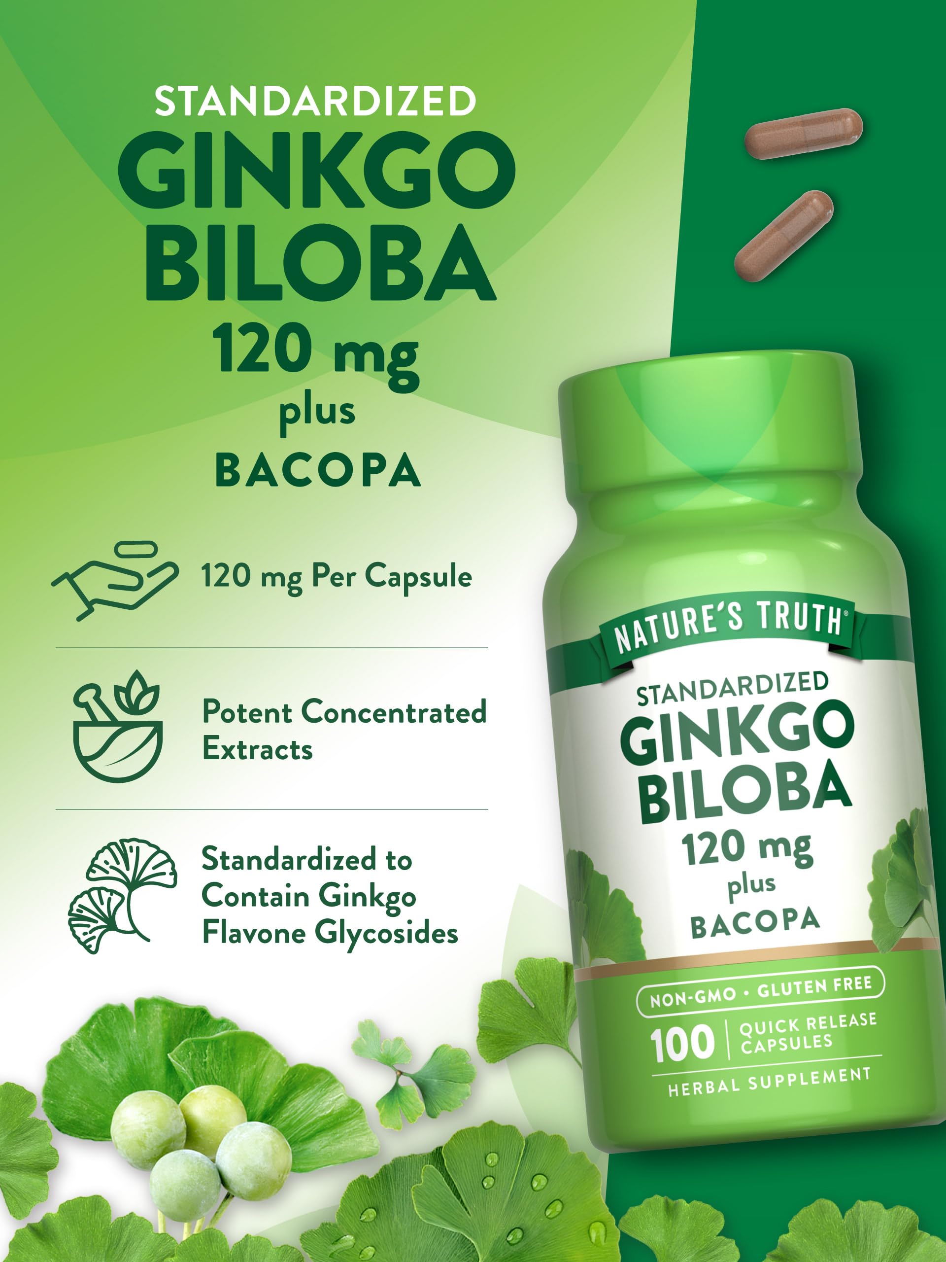 Foto 6 pulgar | Suplemento Nature's Truth Ginkgo Biloba 120 Mg Con Bacopa 100 Cápsulas - Venta Internacional.