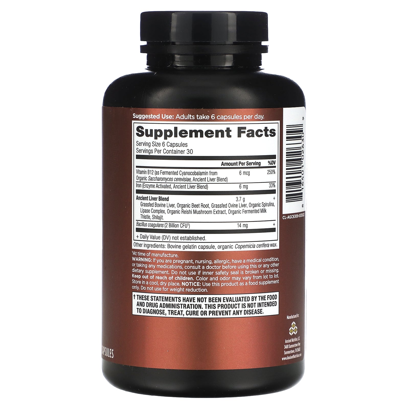 Foto 2 | Suplemento Hígado Alimentado Con Pasto De Ancient Nutrition 180 Cápsulas - Venta Internacional.