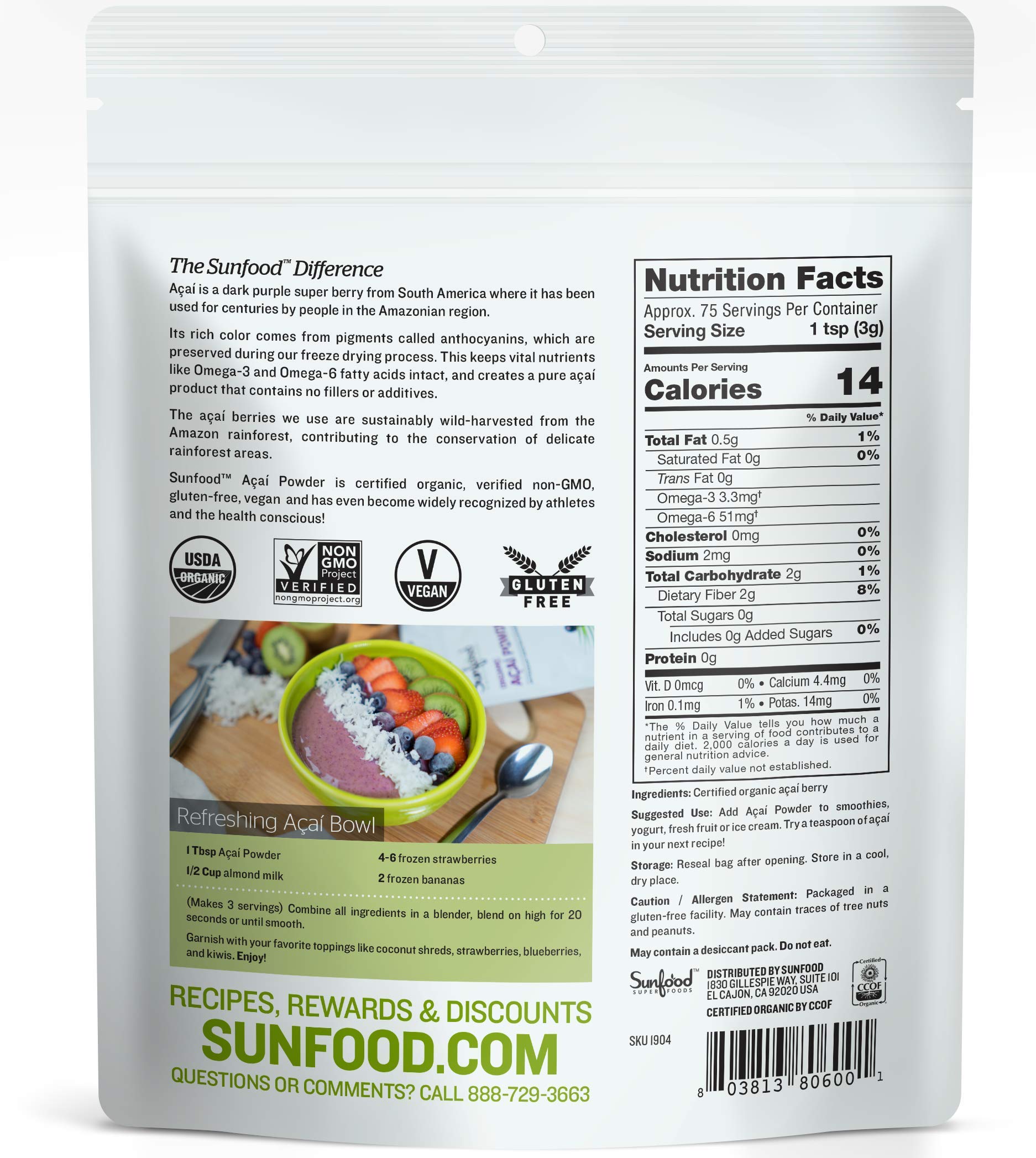 Foto 2 | Superfood Sunfood Superfoods Acai En Polvo, Bolsa De 250 Ml, 100% Orgánico - Venta Internacional.