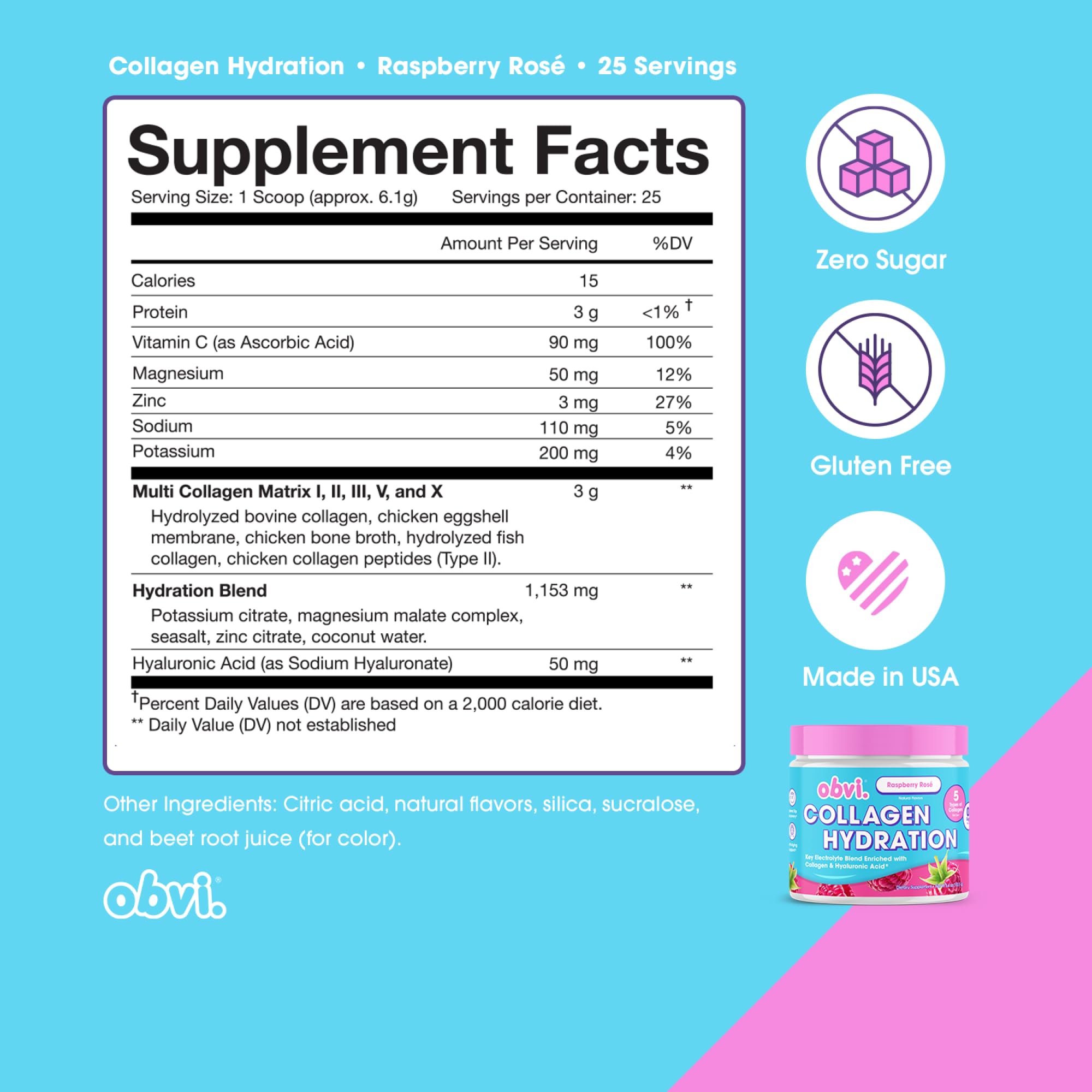 Foto 3 pulgar | Polvo Hidratante Obvi Electrolyte & Collagen Raspberry Rose - Venta Internacional.