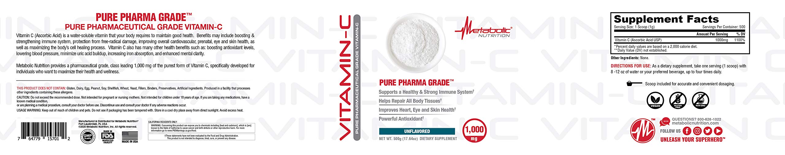 Foto 5 pulgar | Vitamina C Metabolic Nutrition 1000 Mg Pure Pharma Grade 500 G - Venta Internacional.