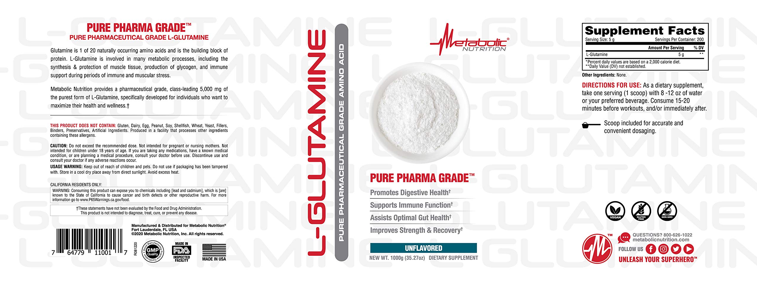 Foto 3 pulgar | Suplemento Metabolic Nutrition: Glutamina, 5000 Mg - Venta Internacional.