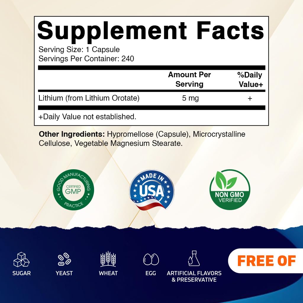 Foto 3 pulgar | Suplemento Vitamático De Orotato De Litio 5 Mg 240 Cápsulas - Venta Internacional.