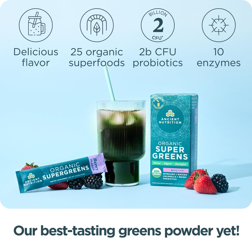 Foto 4 pulgar | Supergreens Powder Ancient Nutrition Organic Berry 125 Ml - Venta Internacional.