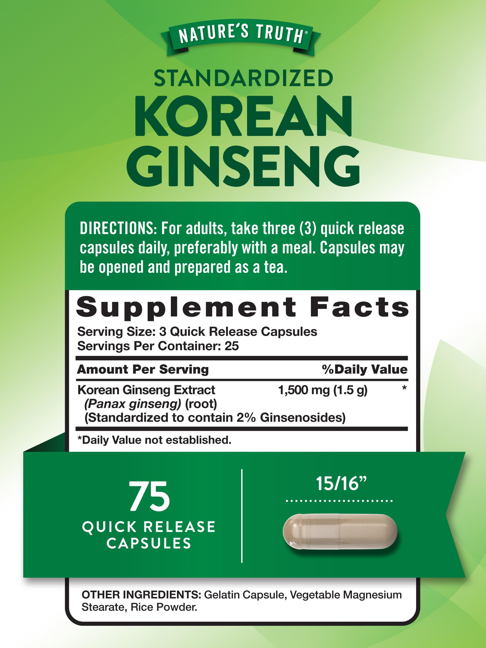 Foto 3 pulgar | Suplemento Nature's Truth, Cápsulas De Ginseng Coreano, 75 Unidades - Venta Internacional.