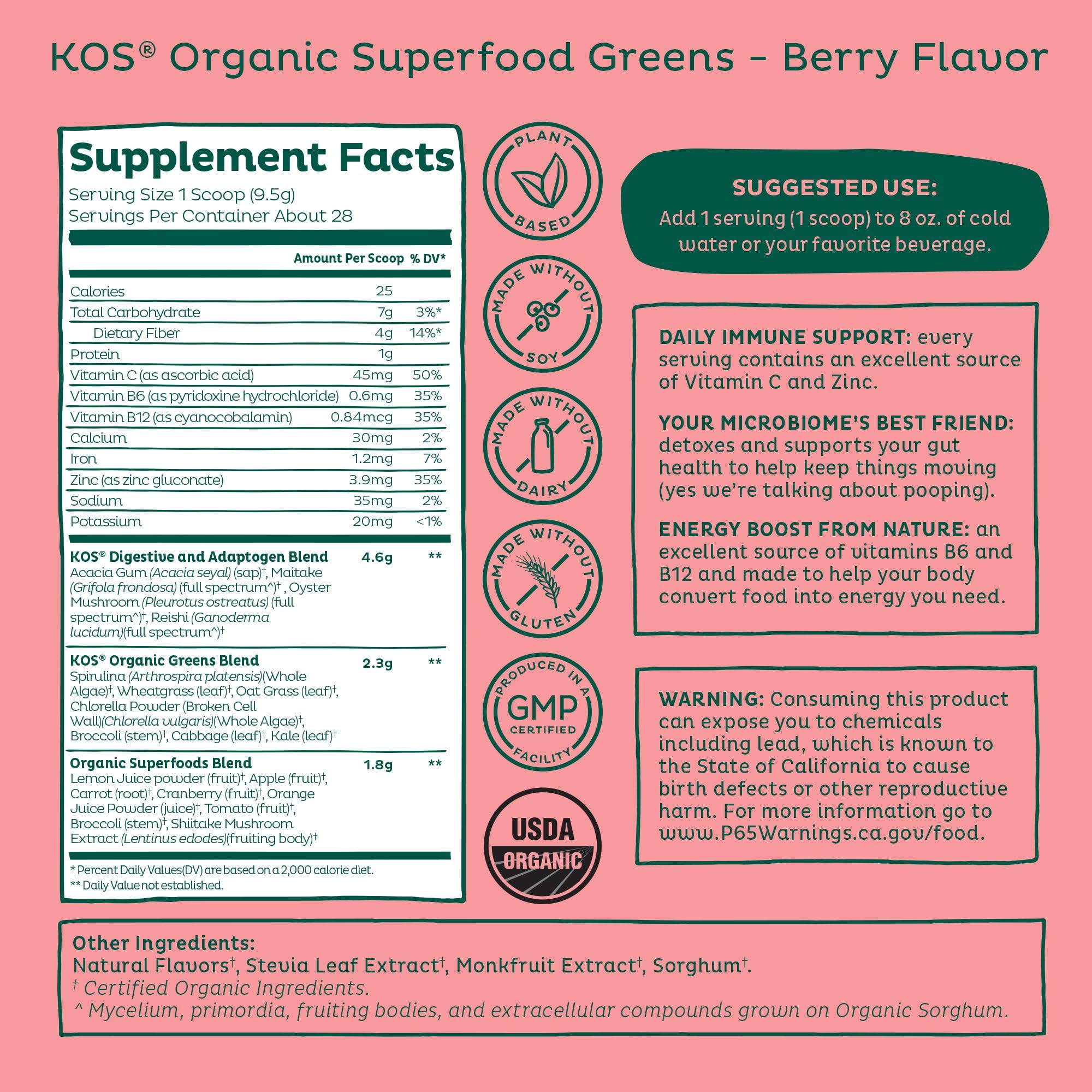 Foto 4 pulgar | Superfood Greens Powder Kos Organic Gut Health, 28 Porciones - Venta Internacional.