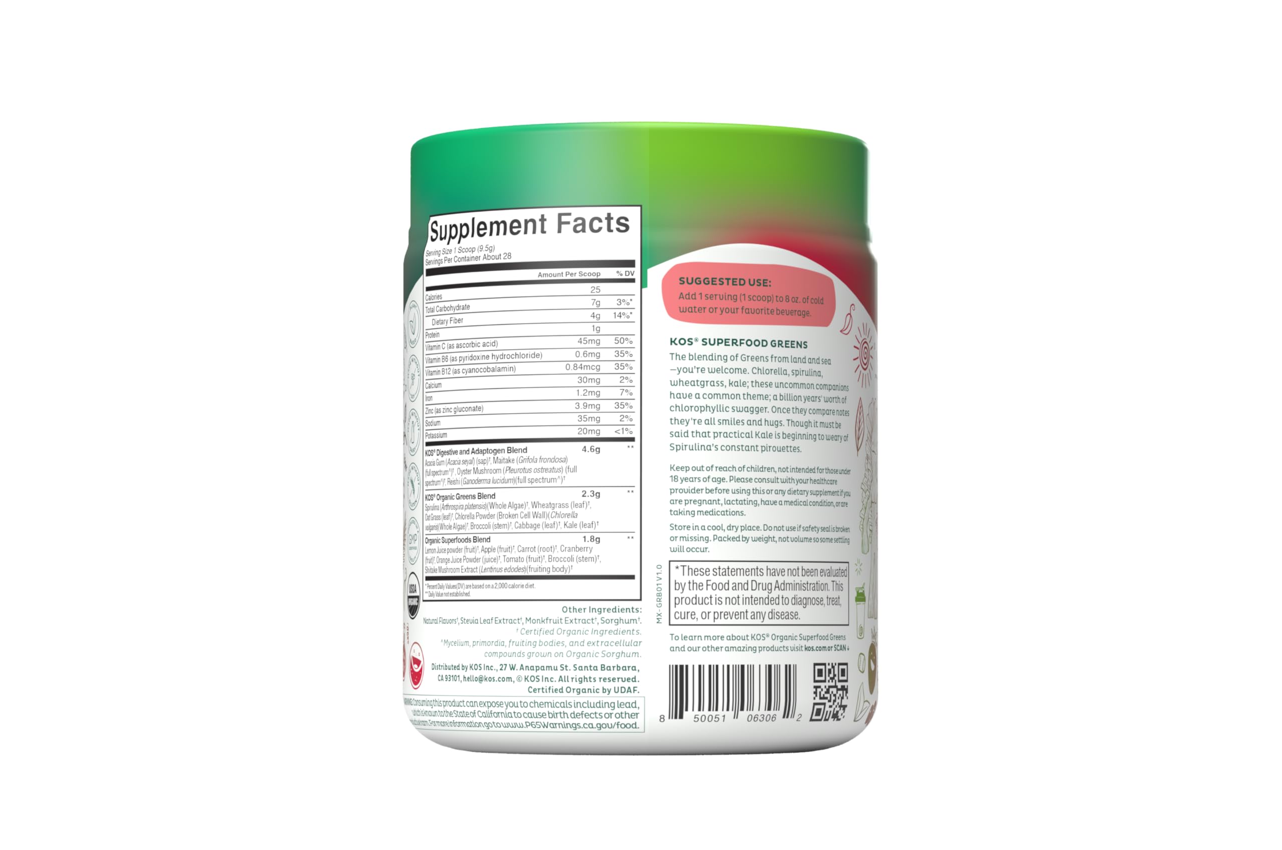 Foto 8 pulgar | Superfood Greens Powder Kos Organic Gut Health, 28 Porciones - Venta Internacional.