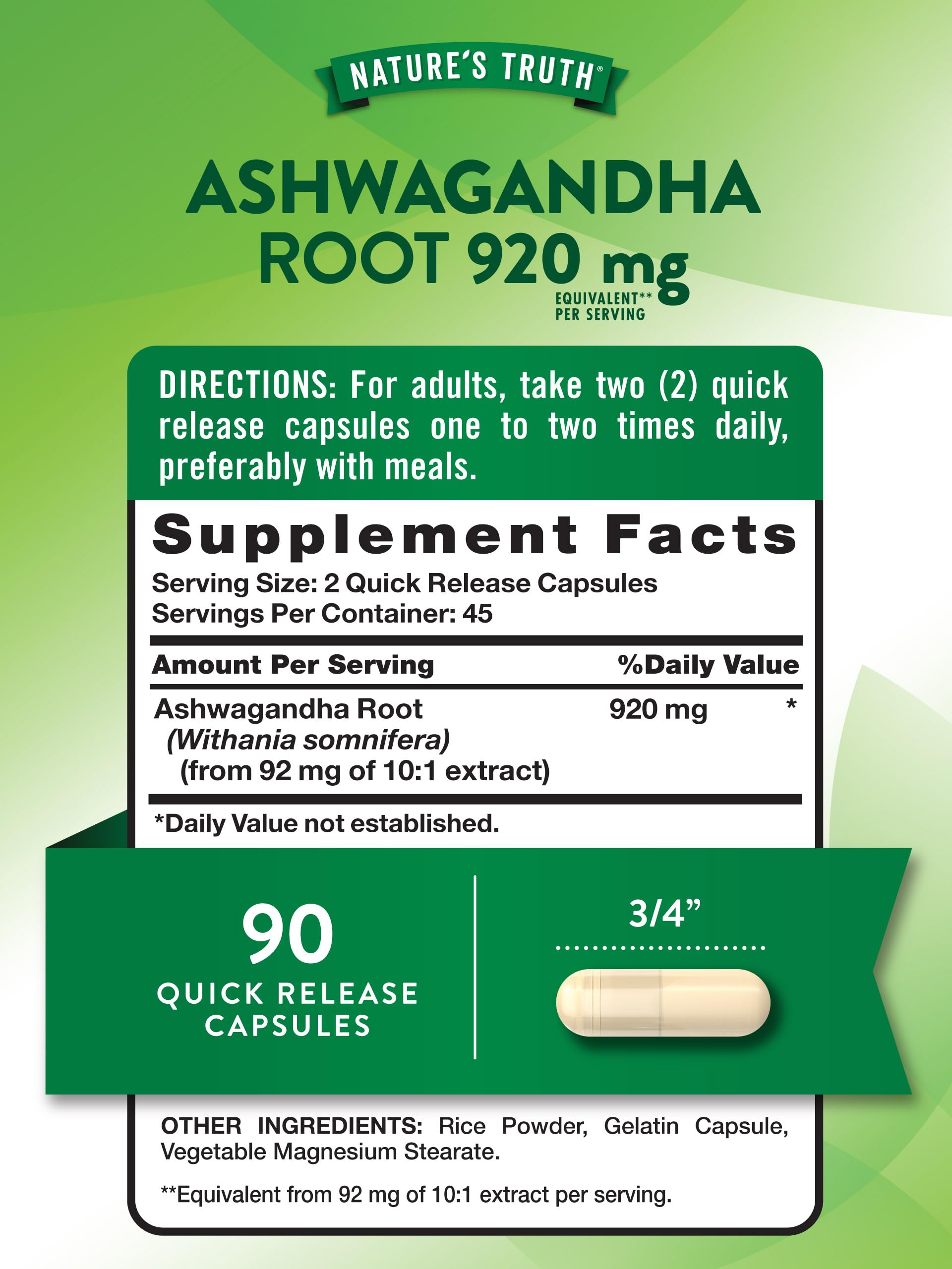 Foto 3 pulgar | Cápsulas De Suplemento Nature's Truth Ashwagandha 920 Mg 90 Unidades - Venta Internacional.