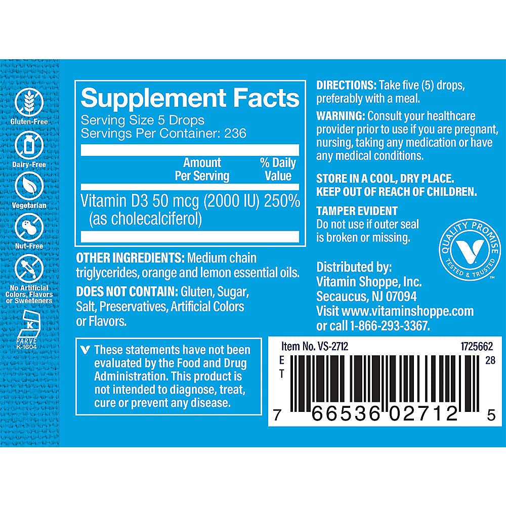 Foto 4 pulgar | Suplemento The Vitamin Shoppe Vitamin Liquid Con Vitamina D3, 2000 Ui, 30 Ml - Venta Internacional.