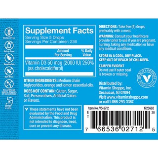 Foto 3 | Suplemento The Vitamin Shoppe Vitamin Liquid Con Vitamina D3, 2000 Ui, 30 Ml - Venta Internacional.