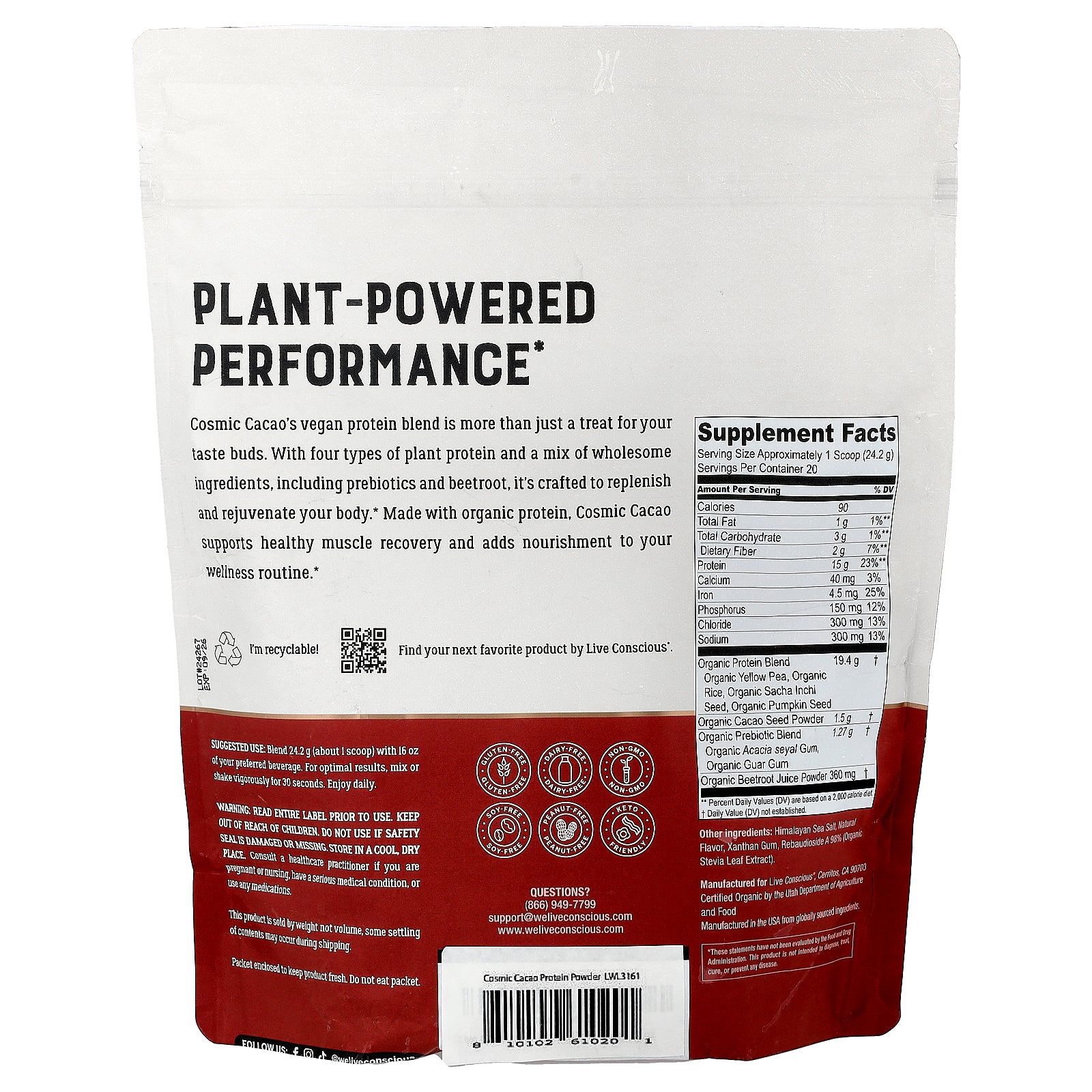 Foto 3 pulgar | Cacao Cosmic Vegan Protein Live Conscious 220g - Venta Internacional.