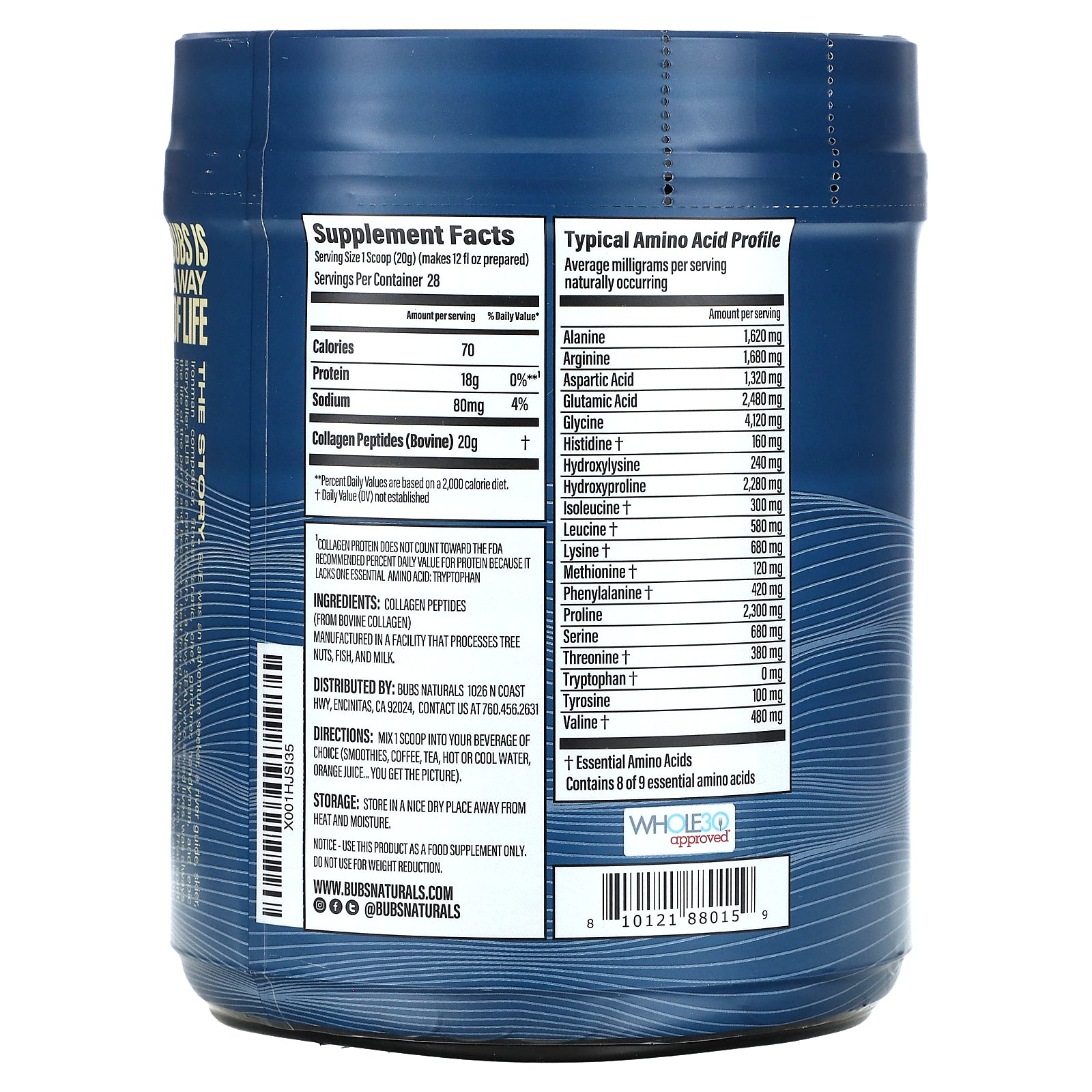 Foto 2 | Péptidos De Colágeno Bubs Naturals Sin Sabor 567 G - Venta Internacional.
