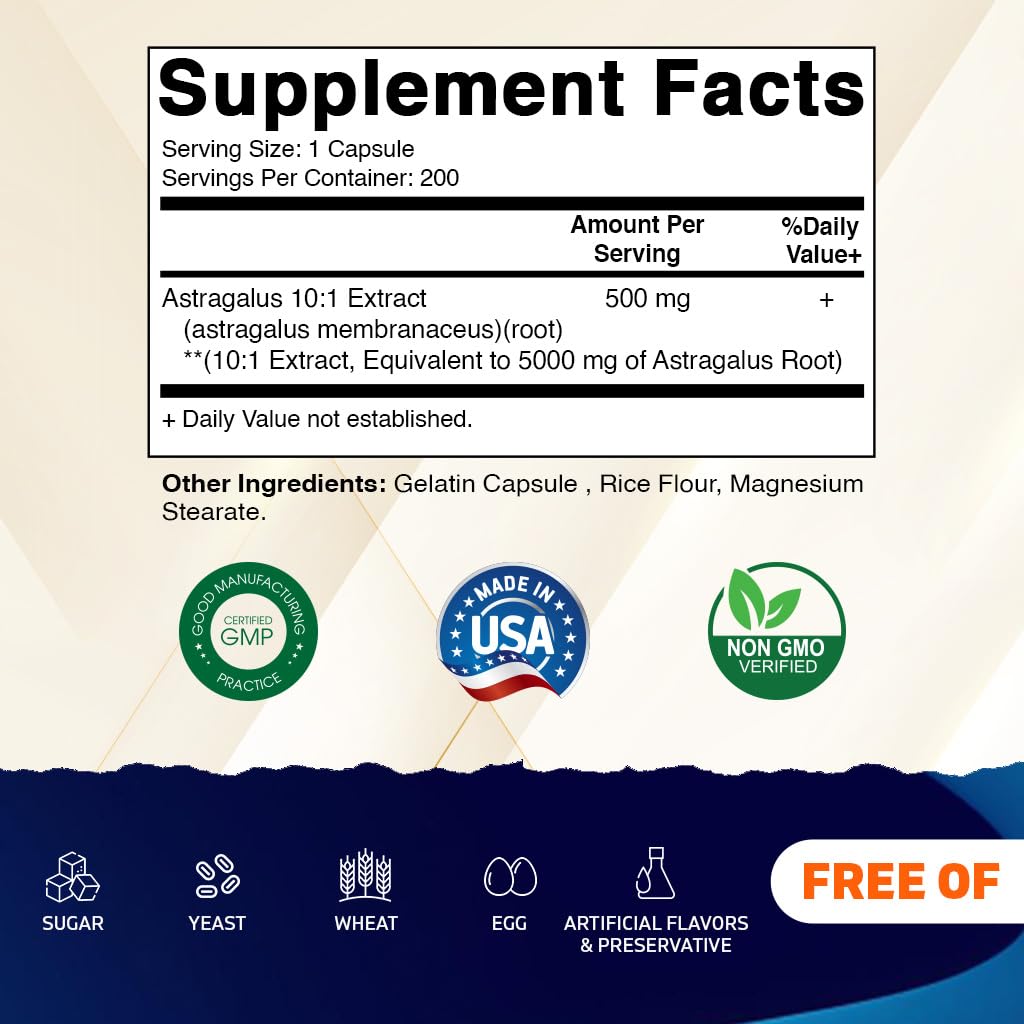 Foto 3 pulgar | Suplemento Vitamático De Extracto De Astrágalo, 500 Mg, 200 Cápsulas Vegetales - Venta Internacional.