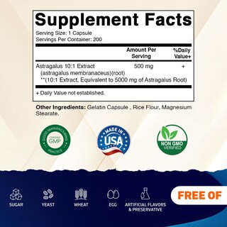 Foto 2 | Suplemento Vitamático De Extracto De Astrágalo, 500 Mg, 200 Cápsulas Vegetales - Venta Internacional.