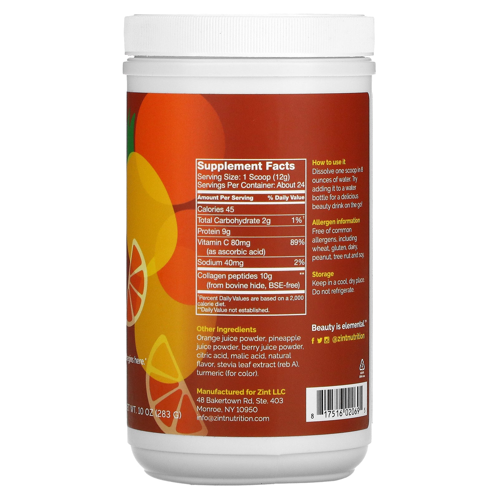 Foto 3 pulgar | Suplemento De Colágeno Zint Sweet Pineapple Orangeade 283 G - Venta Internacional.