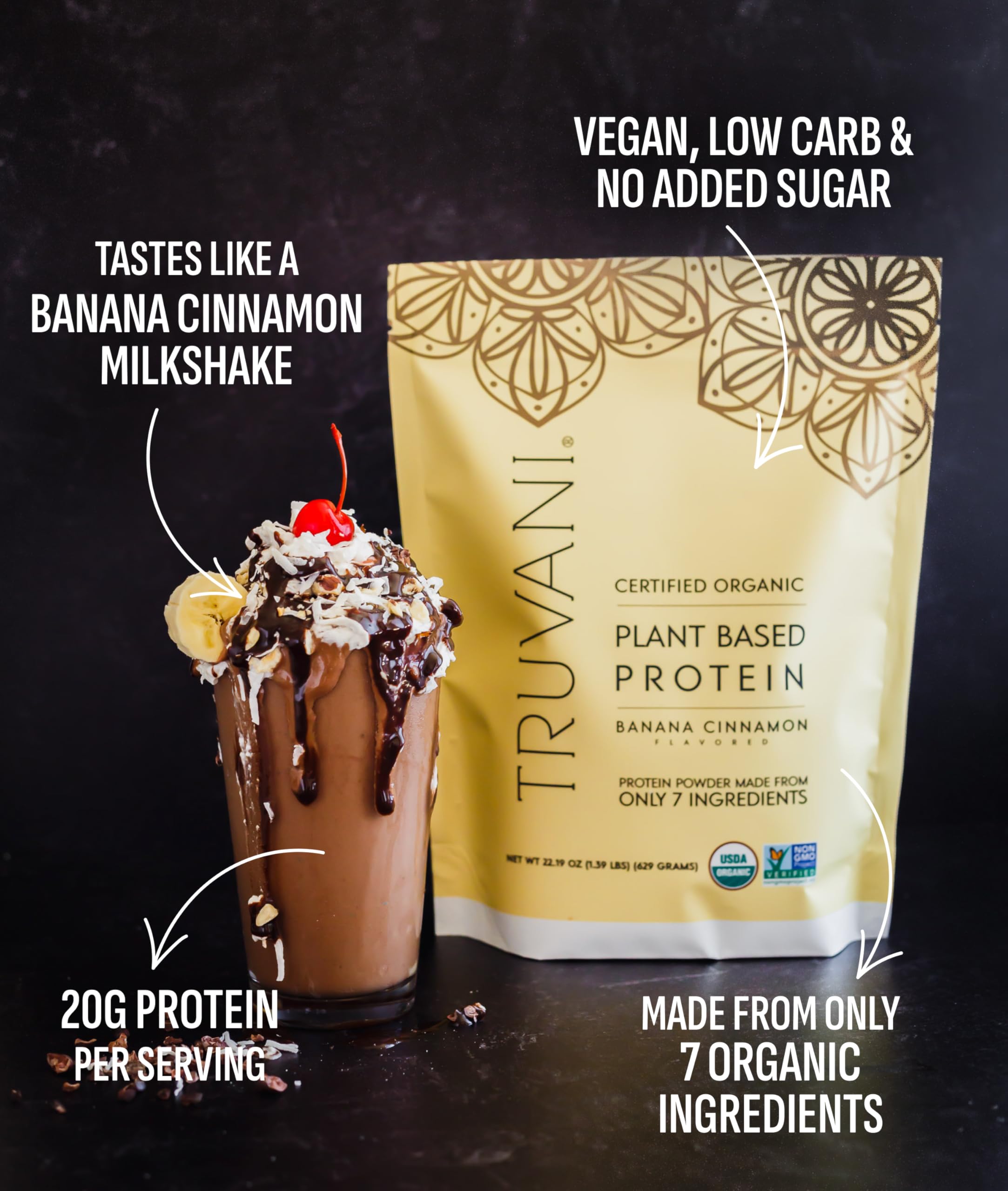Foto 3 | Proteína De Guisante Vegana En Polvo Truvani, Plátano Y Canela, 20 G X 20 - Venta Internacional.