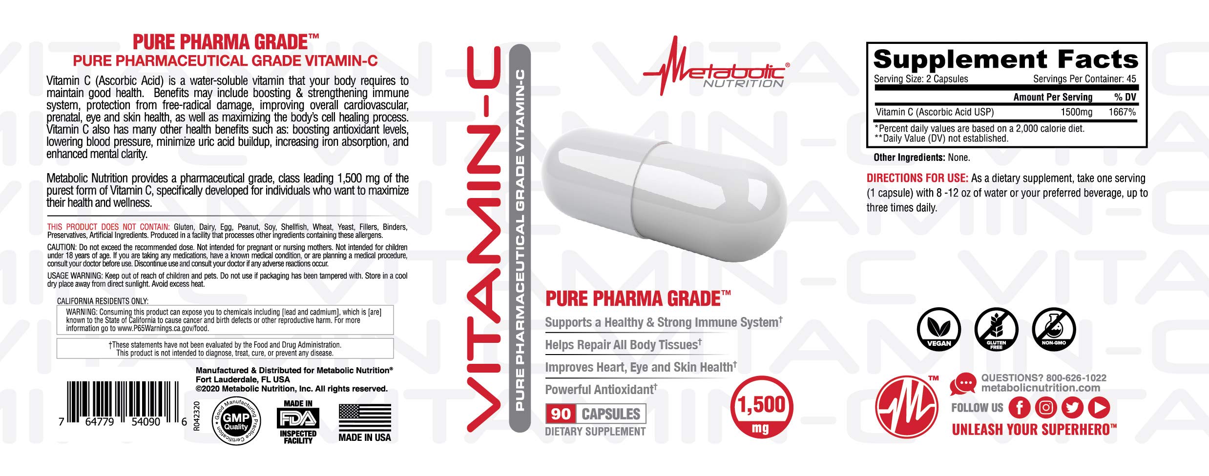 Foto 5 pulgar | Vitamina C Metabolic Nutrition 1500 Mg De Ácido Ascórbico 90 Cápsulas - Venta Internacional.