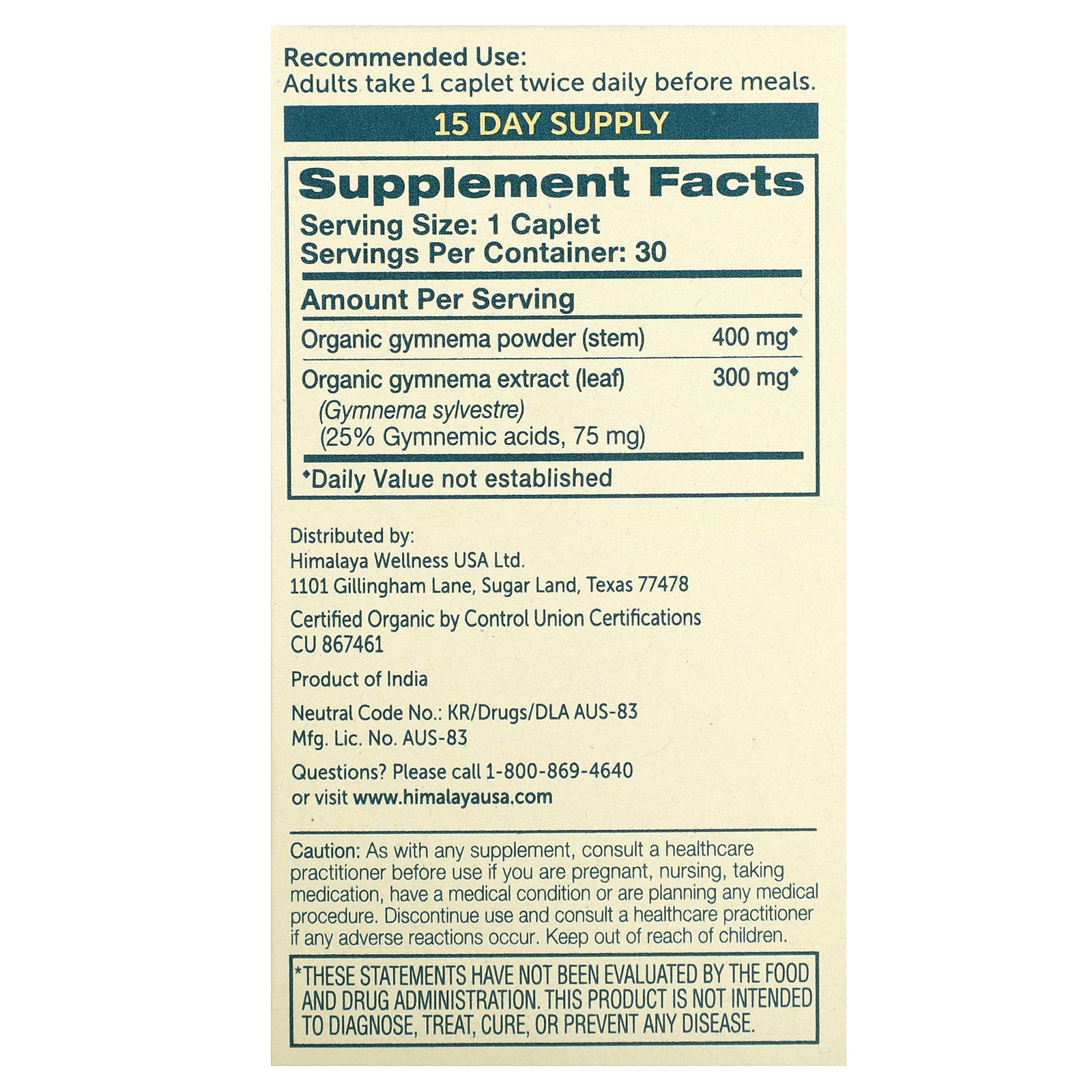 Foto 3 pulgar | Suplemento Himalaya Organic Gymnema 30 Cápsulas - Venta Internacional.