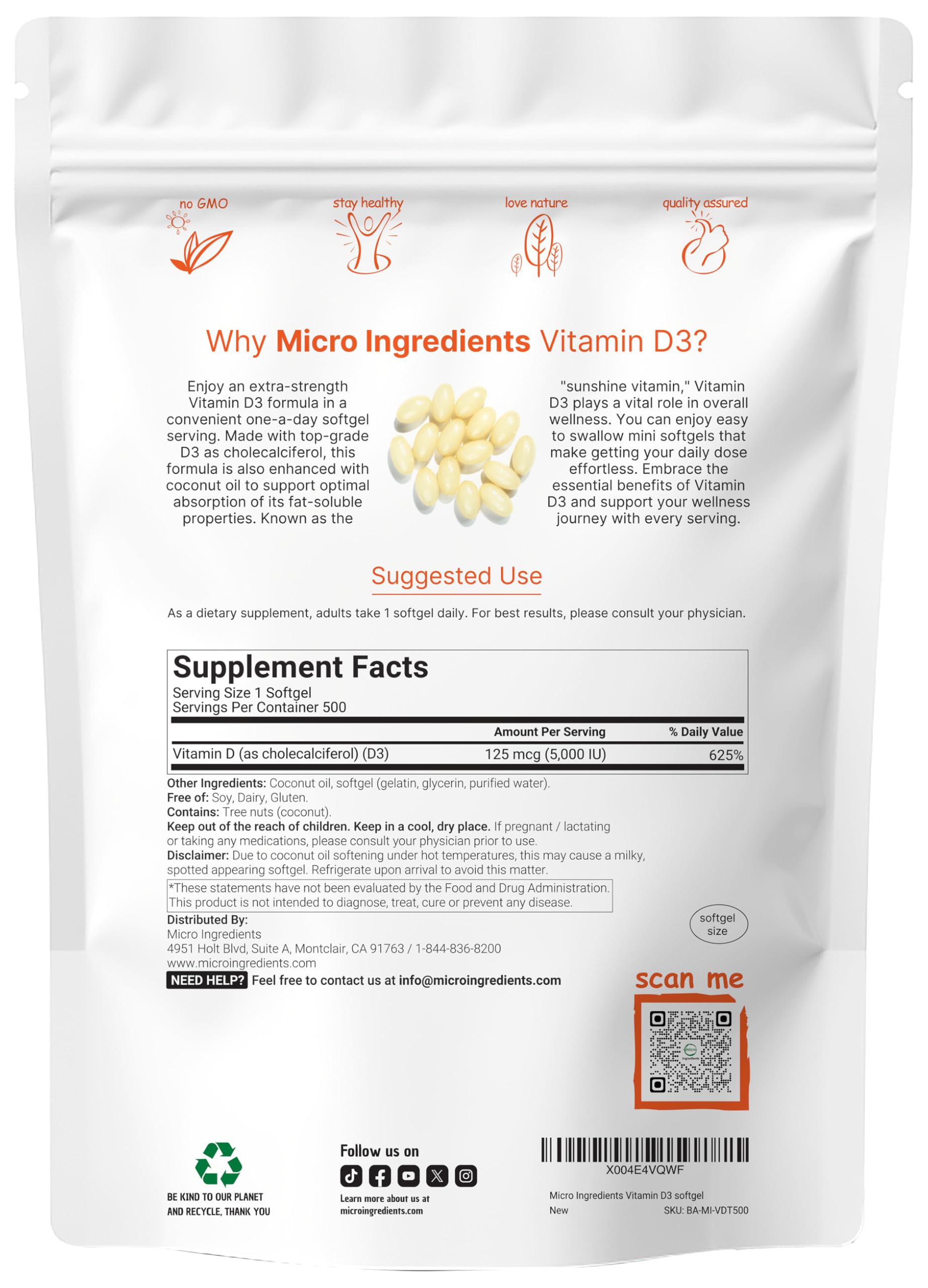Foto 3 pulgar | Suplemento De Microingredientes: Vitamina D3, 5000 Ui, 500 Cápsulas Blandas - Venta Internacional.