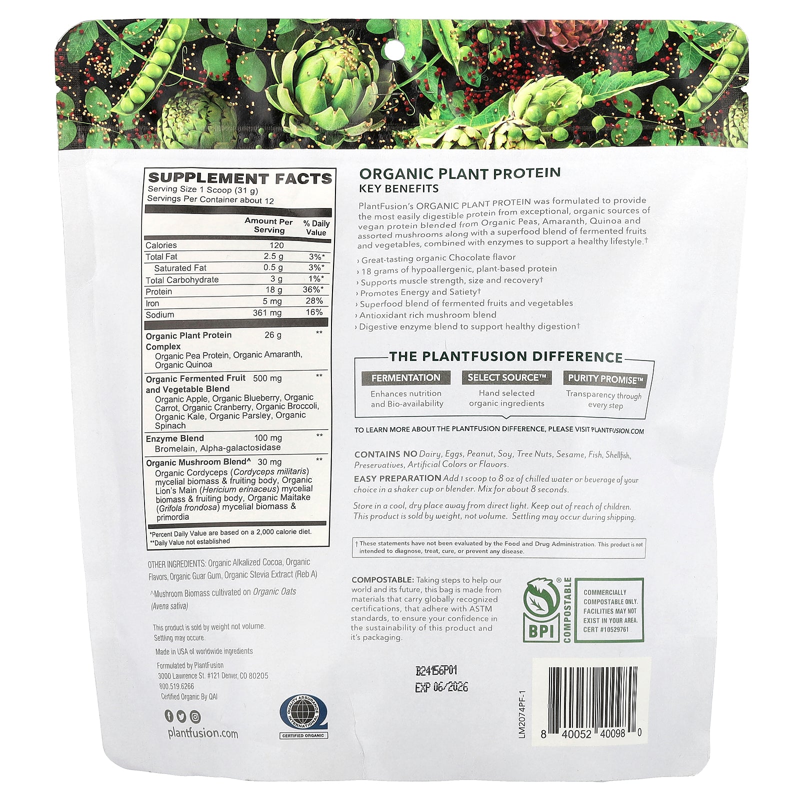 Foto 3 pulgar | Proteína En Polvo Plantfusion, Chocolate Orgánico Rico En Plantas, 366 G - Venta Internacional.