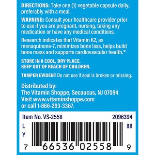Foto 4 | Suplemento The Vitamin Shoppe De Vitamina K2-100 Mcg 90 Cápsulas - Venta Internacional.