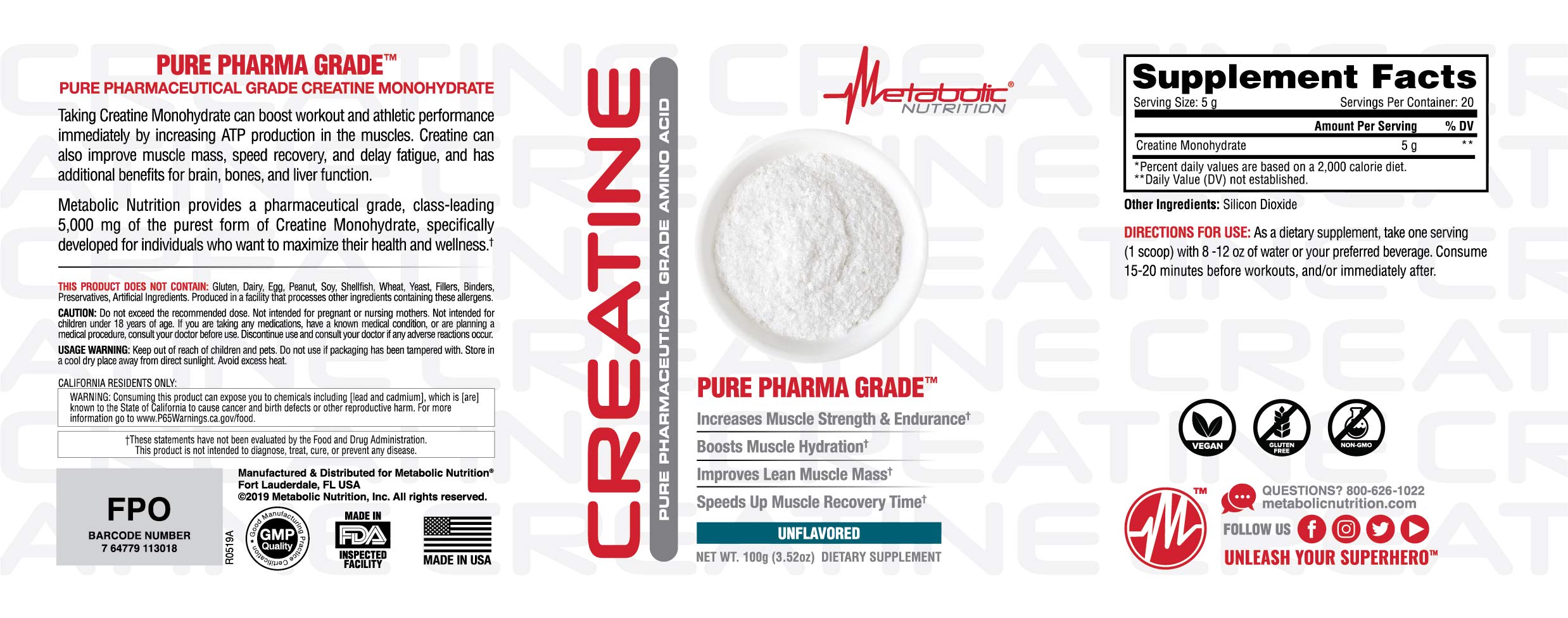Foto 4 pulgar | Suplemento Metabolic Nutrition De Creatina En Polvo, 100 G - Venta Internacional.