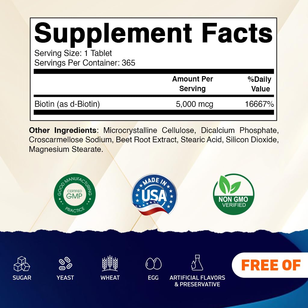 Foto 3 pulgar | Suplemento Vitamático De Biotina 5000 Mcg (5 Mg) 365 Tabletas - Venta Internacional.