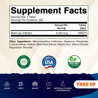 Foto 2 | Suplemento Vitamático De Biotina 5000 Mcg (5 Mg) 365 Tabletas - Venta Internacional.