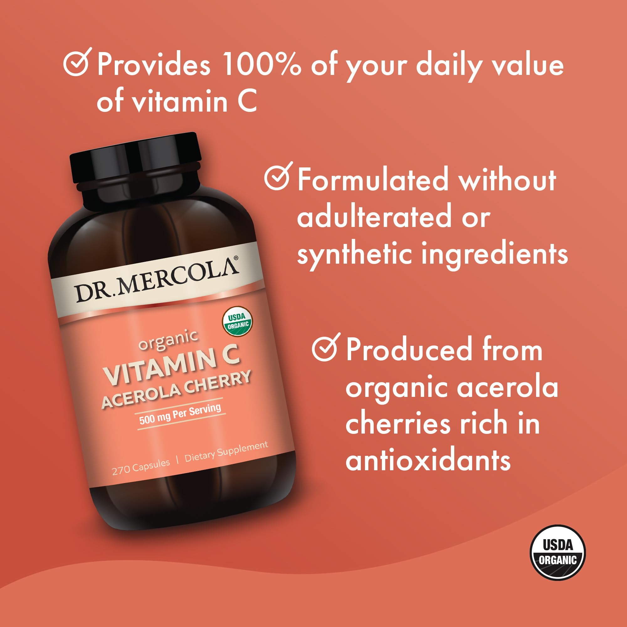 Foto 4 | Suplemento Dr. Mercola, Vitamina C Orgánica, Acerola Y Cereza, 270 Cápsulas - Venta Internacional.