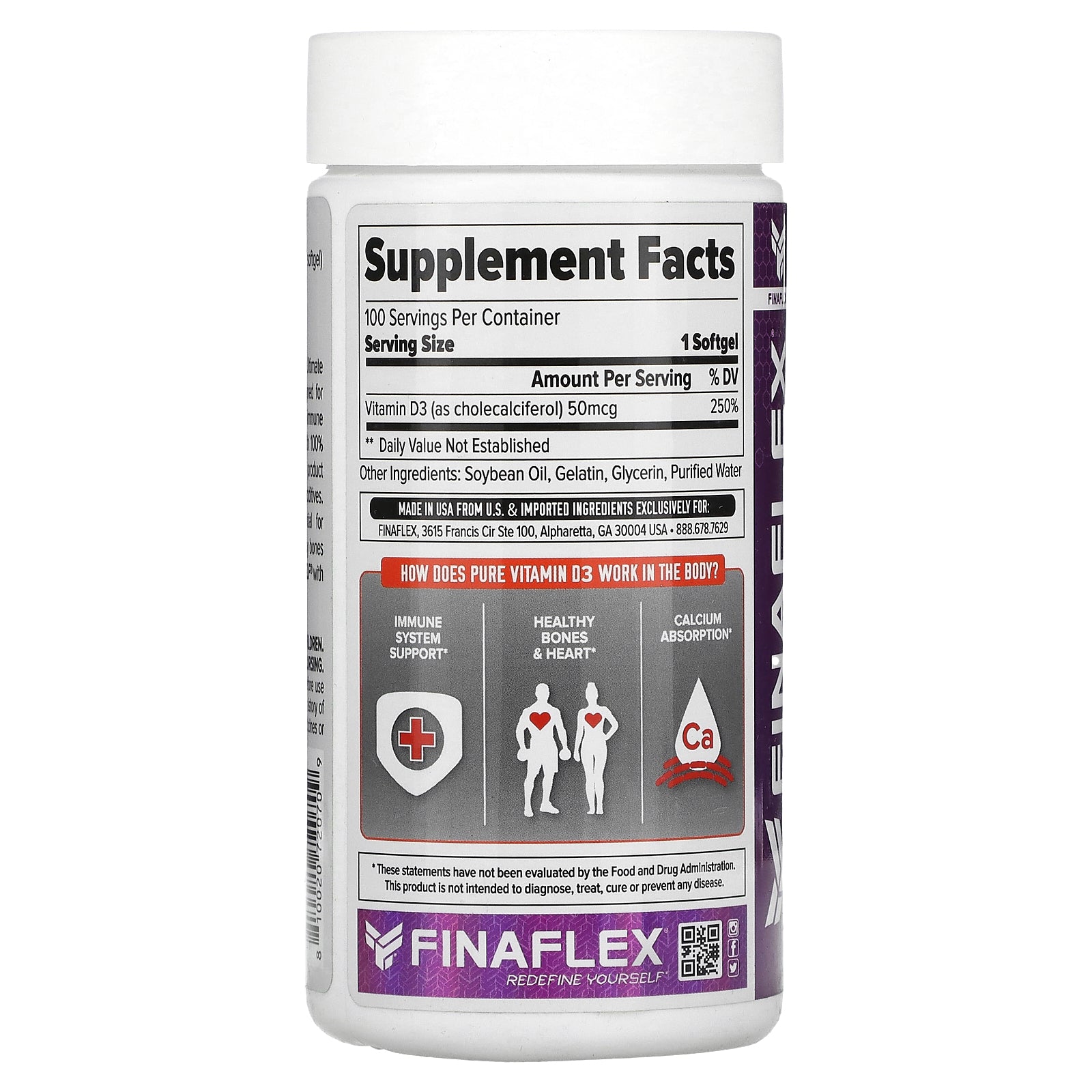Foto 2 | Suplemento Finaflex De Vitamina D3 Pura, 50 Mcg (2000 Ui), 100 Cápsulas Blandas - Venta Internacional.