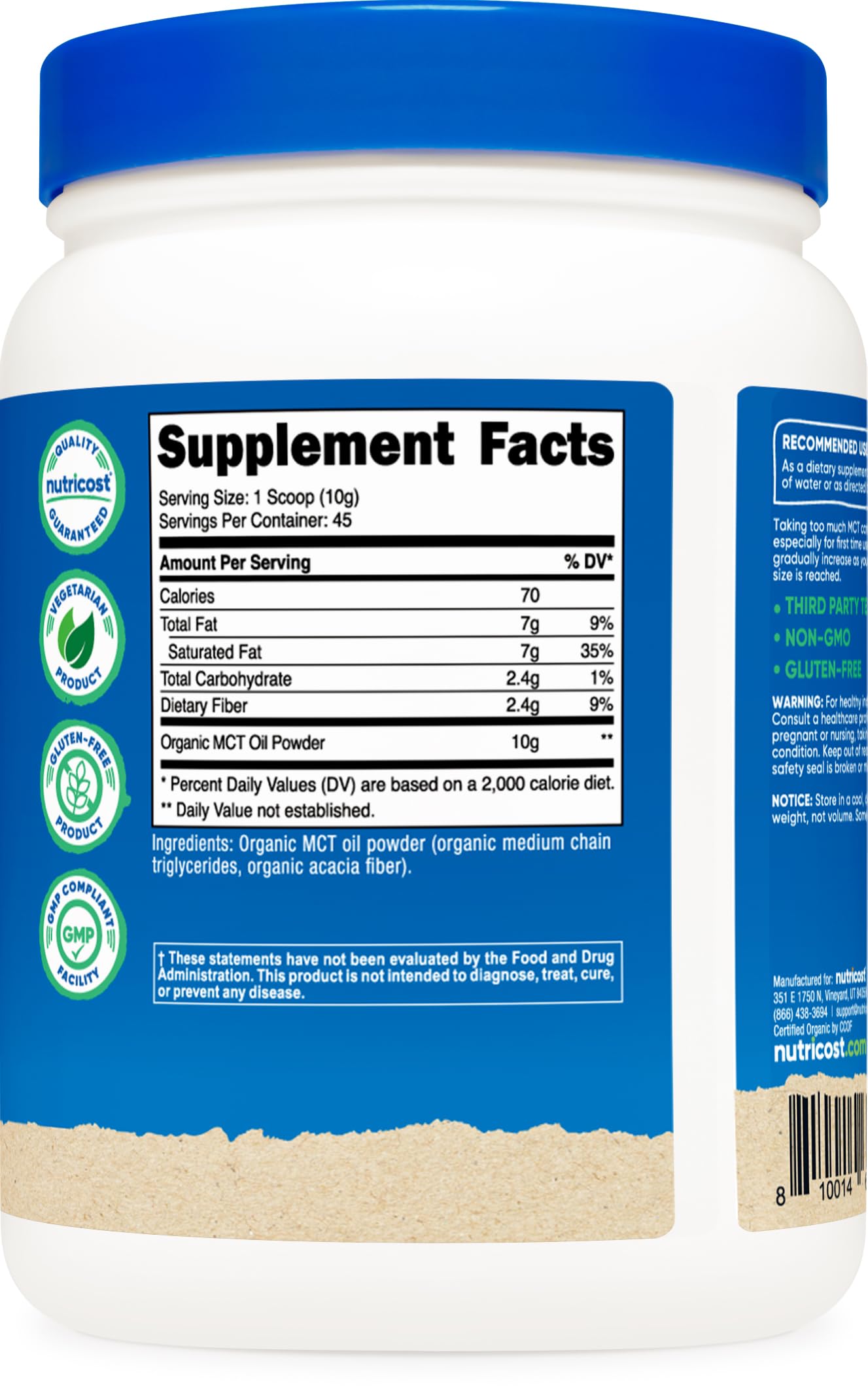 Foto 6 pulgar | Aceite Mct En Polvo Nutricost Organic, 454 G, Apto Para Cetogénicos Del Usda - Venta Internacional.