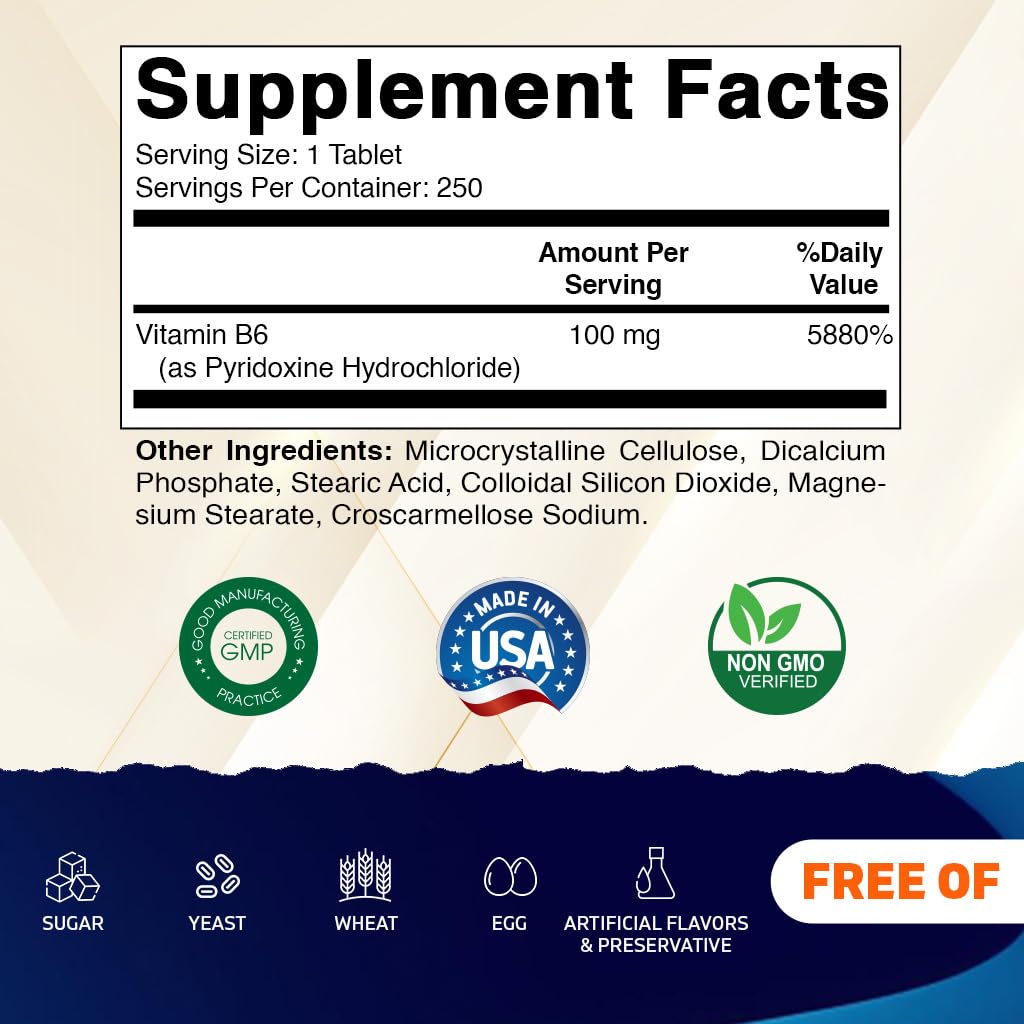 Foto 3 pulgar | Suplemento Vitamático De Vitamina B6 100 Mg 250 Comprimidos Vegetariano - Venta Internacional.