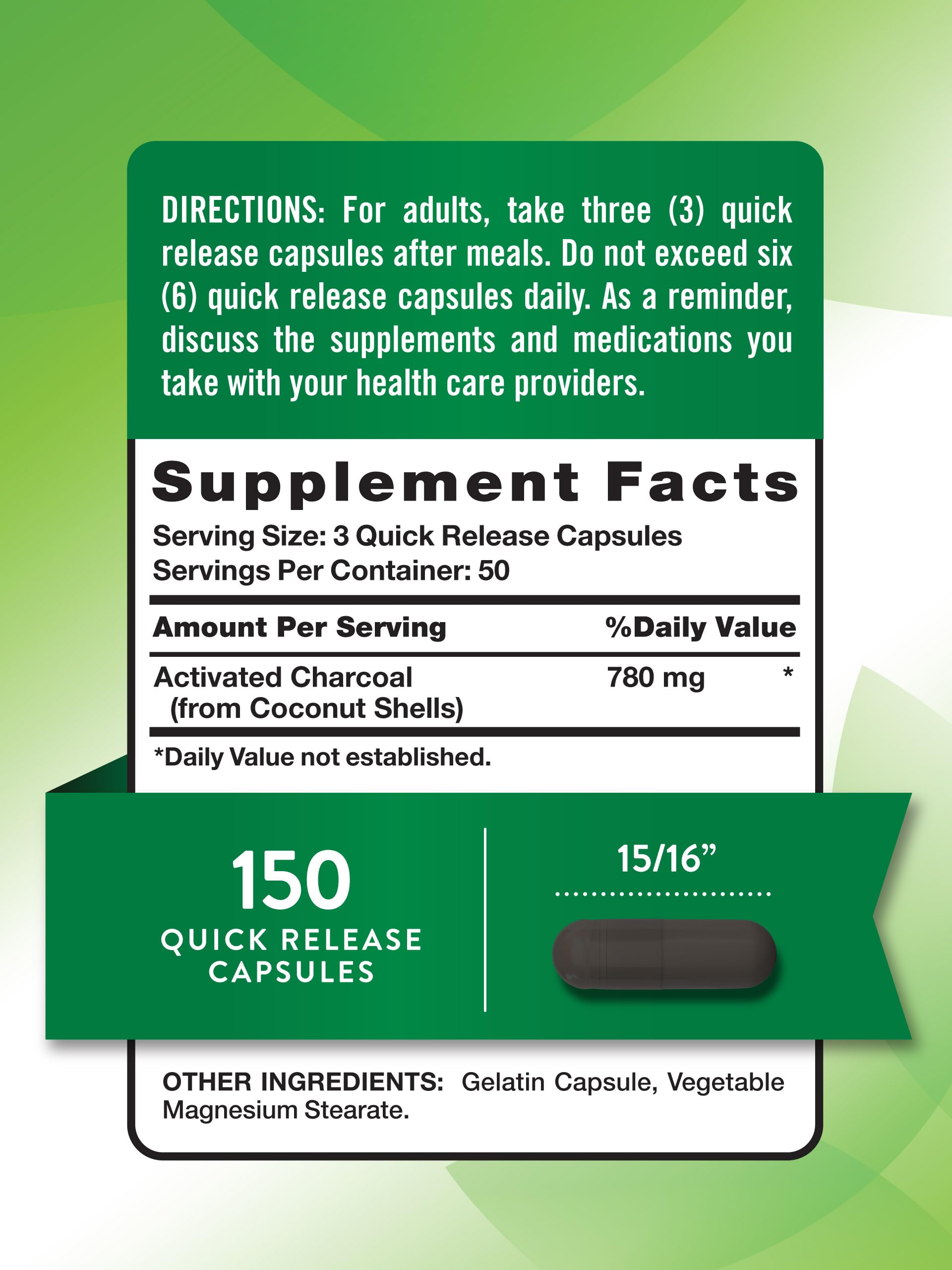 Foto 3 pulgar | Suplemento De Carbón Activado Nature's Truth 780 Mg 150 Píldoras - Venta Internacional.