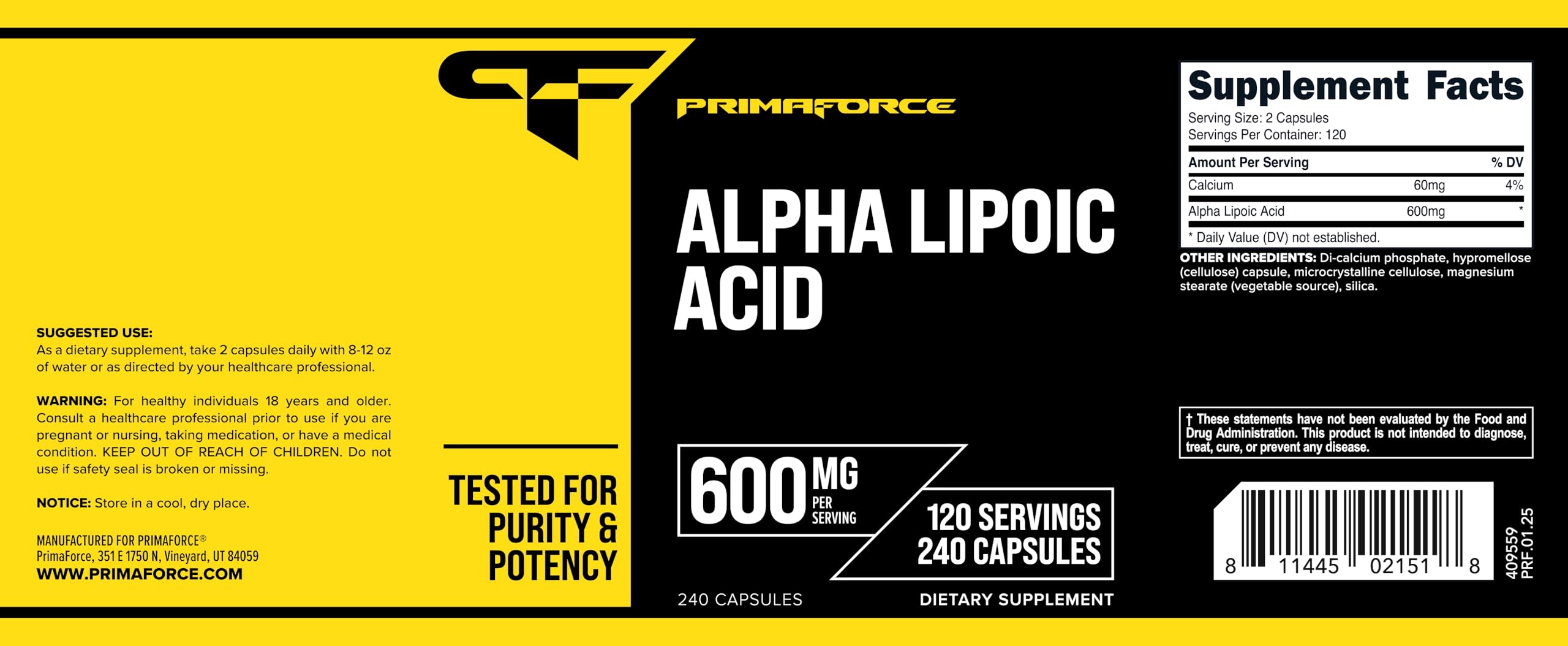 Foto 6 pulgar | Suplemento De Ácido Alfa Lipoico Primaforce 600 Mg 240 Cápsulas - Venta Internacional.