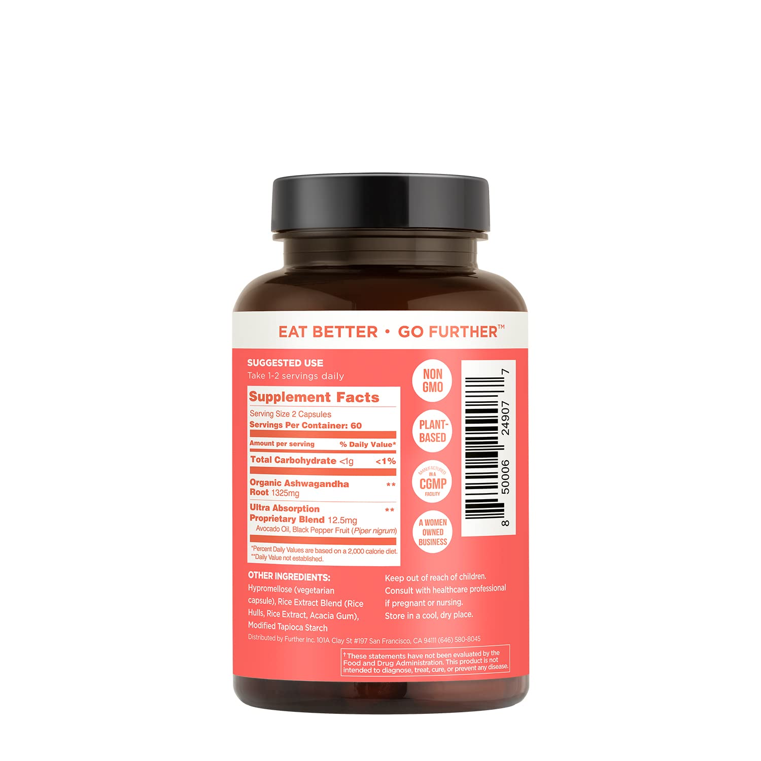 Foto 3 | Supplement Further Food, Ashwagandha Orgánica, 1325 Mg, 120 Cápsulas - Venta Internacional.