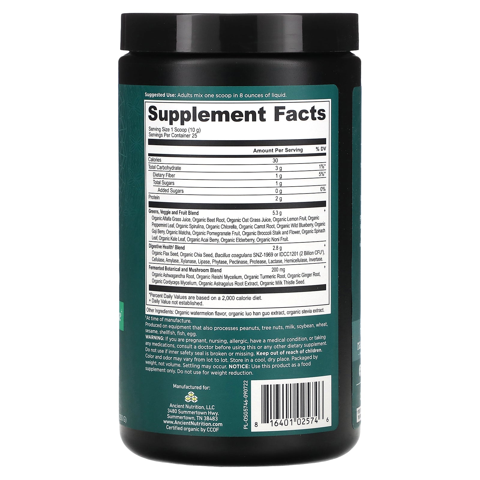 Foto 3 pulgar | Sandía Supergreens Ancient Nutrition 250 G - Venta Internacional.