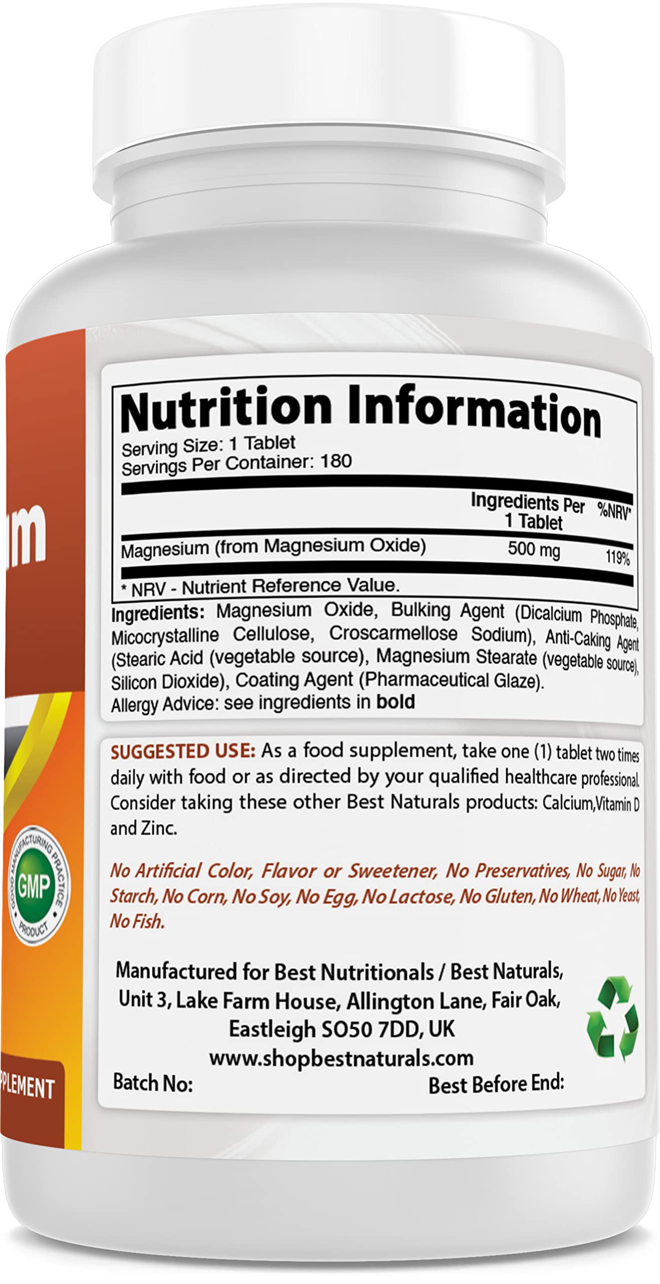 Foto 3 pulgar | Suplemento Best Naturals De Óxido De Magnesio 500 Mg 180 Comprimidos - Venta Internacional.