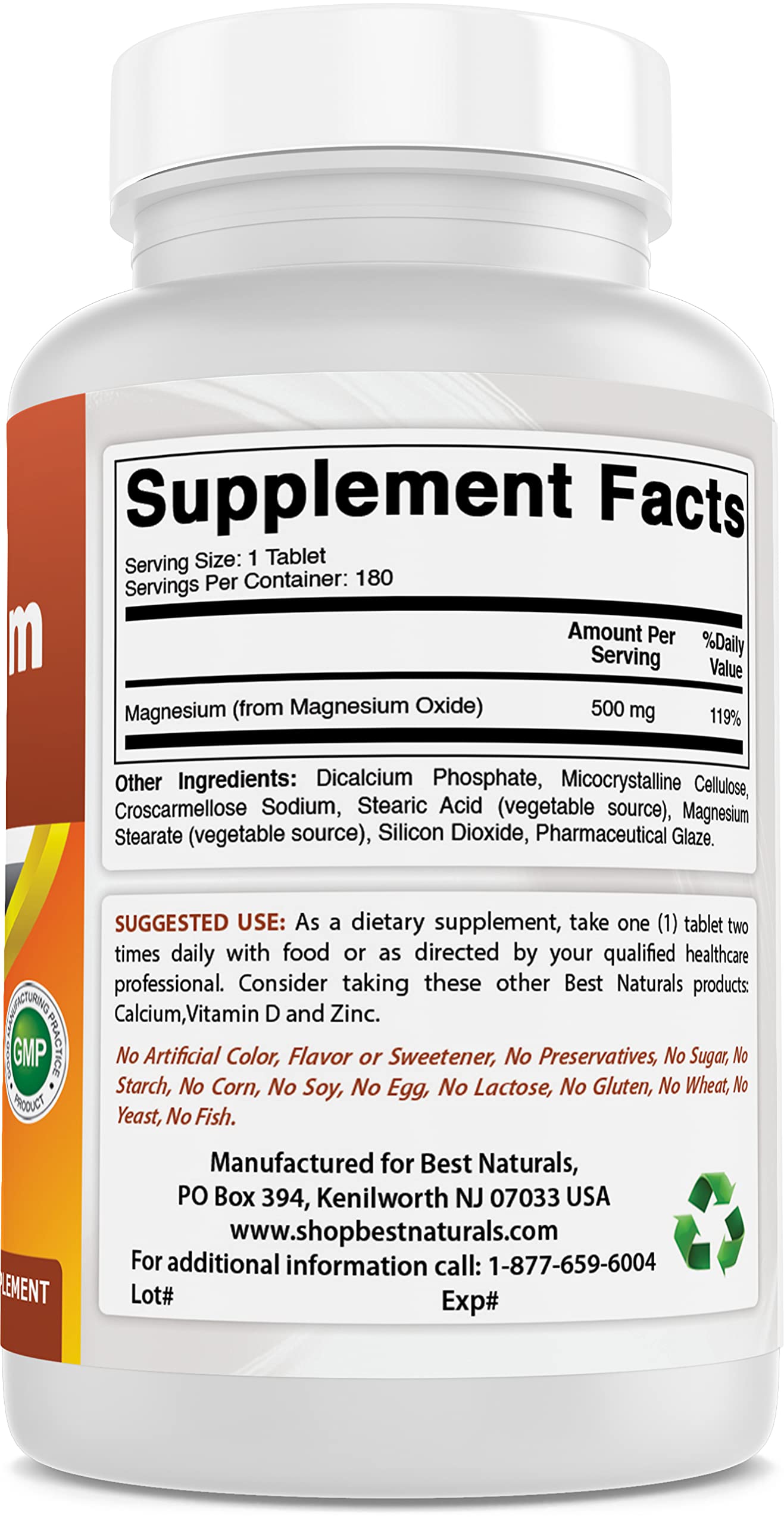 Foto 6 pulgar | Suplemento Best Naturals De Óxido De Magnesio 500 Mg 180 Comprimidos - Venta Internacional.