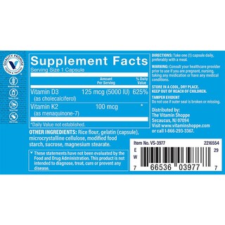 Foto 3 | Complemente Las Vitaminas D3 Y K2 De The Vitamin Shoppe Con 5,000 Ui - Venta Internacional.