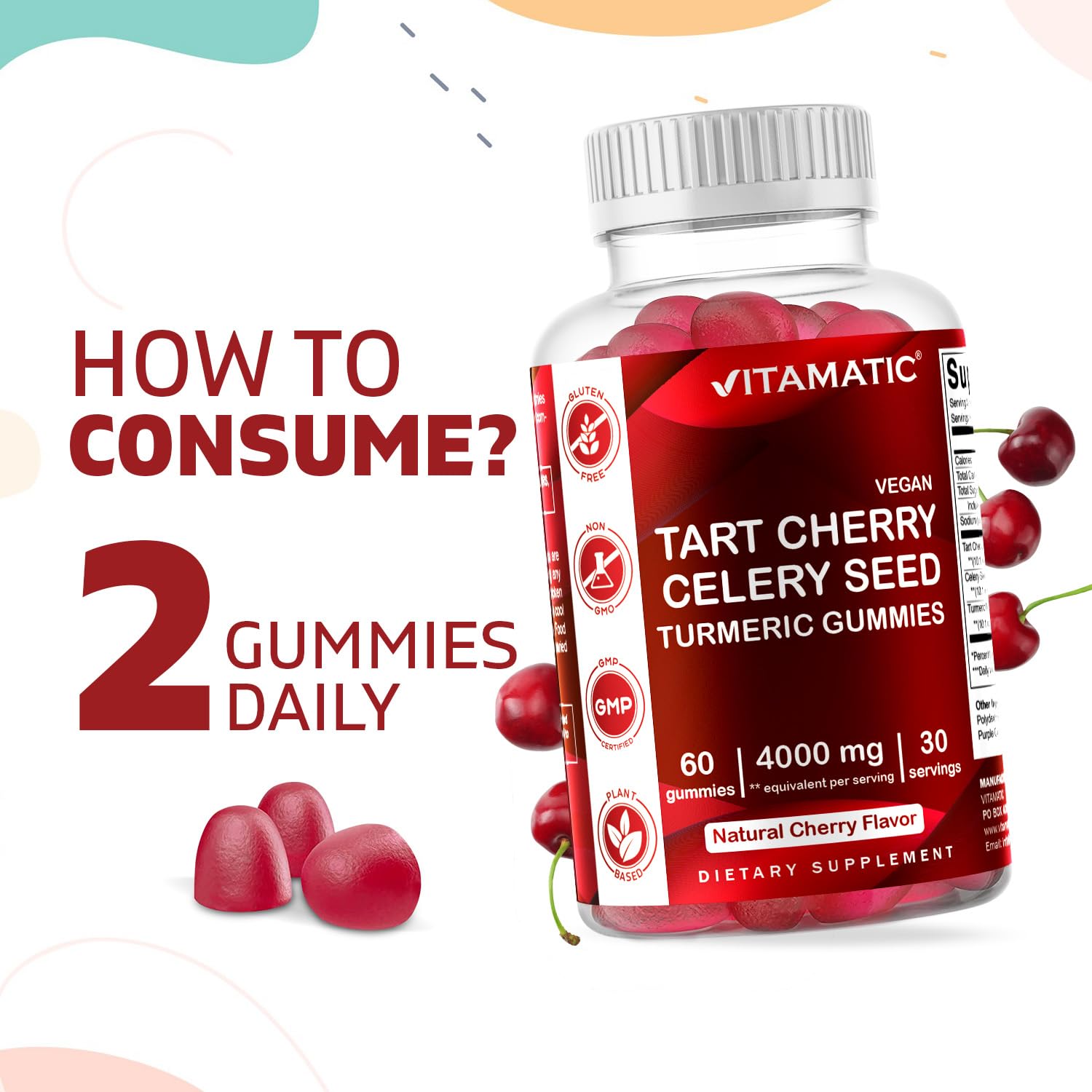 Foto 5 pulgar | Paquete De 2 Gomitas Supplement Vitamatic Tart Cherry Con Semillas De Apio - Venta Internacional.