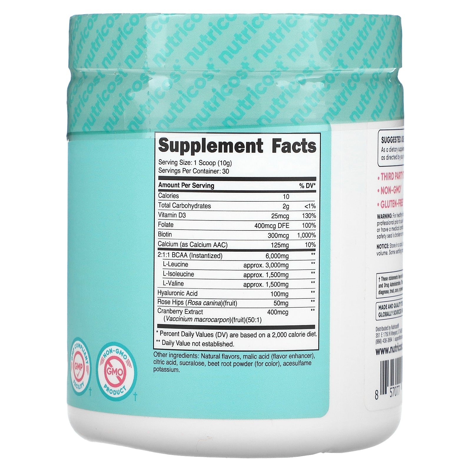 Foto 3 pulgar | Suplemento Nutricost Bcaa Con Ácido Hialurónico Para Mujeres 288 G - Venta Internacional.