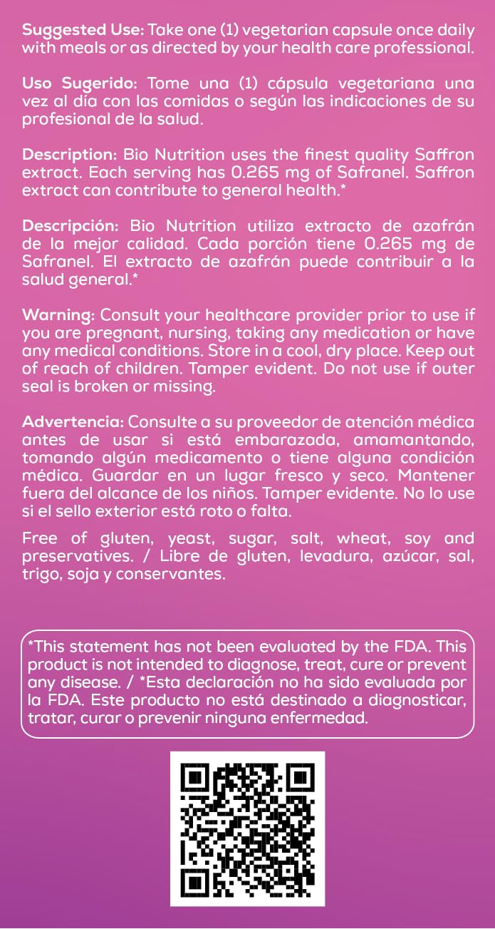 Foto 4 pulgar | Suplemento Bio Nutrition Estandarizado Con Azafrán Vegi-caps 50 - Venta Internacional.