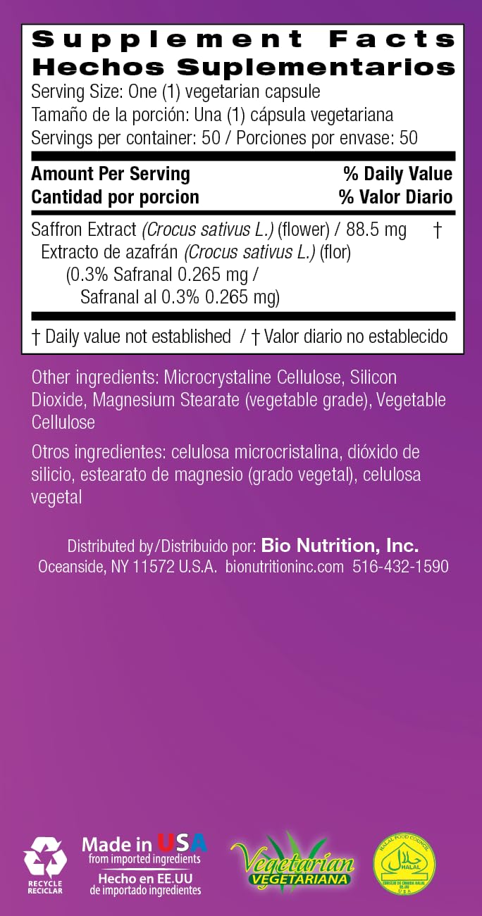 Foto 5 pulgar | Suplemento Bio Nutrition Estandarizado Con Azafrán Vegi-caps 50 - Venta Internacional.